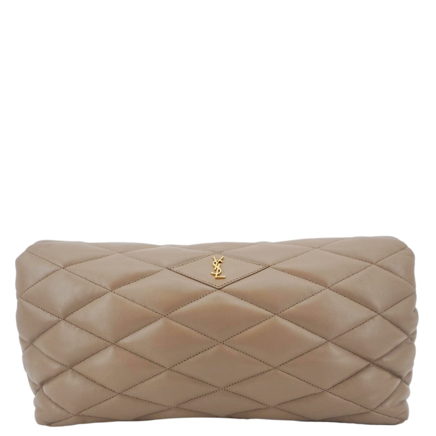 YSL Saint Laurent Yves Sade Clutch Bag Taupe Leather Quilted Large