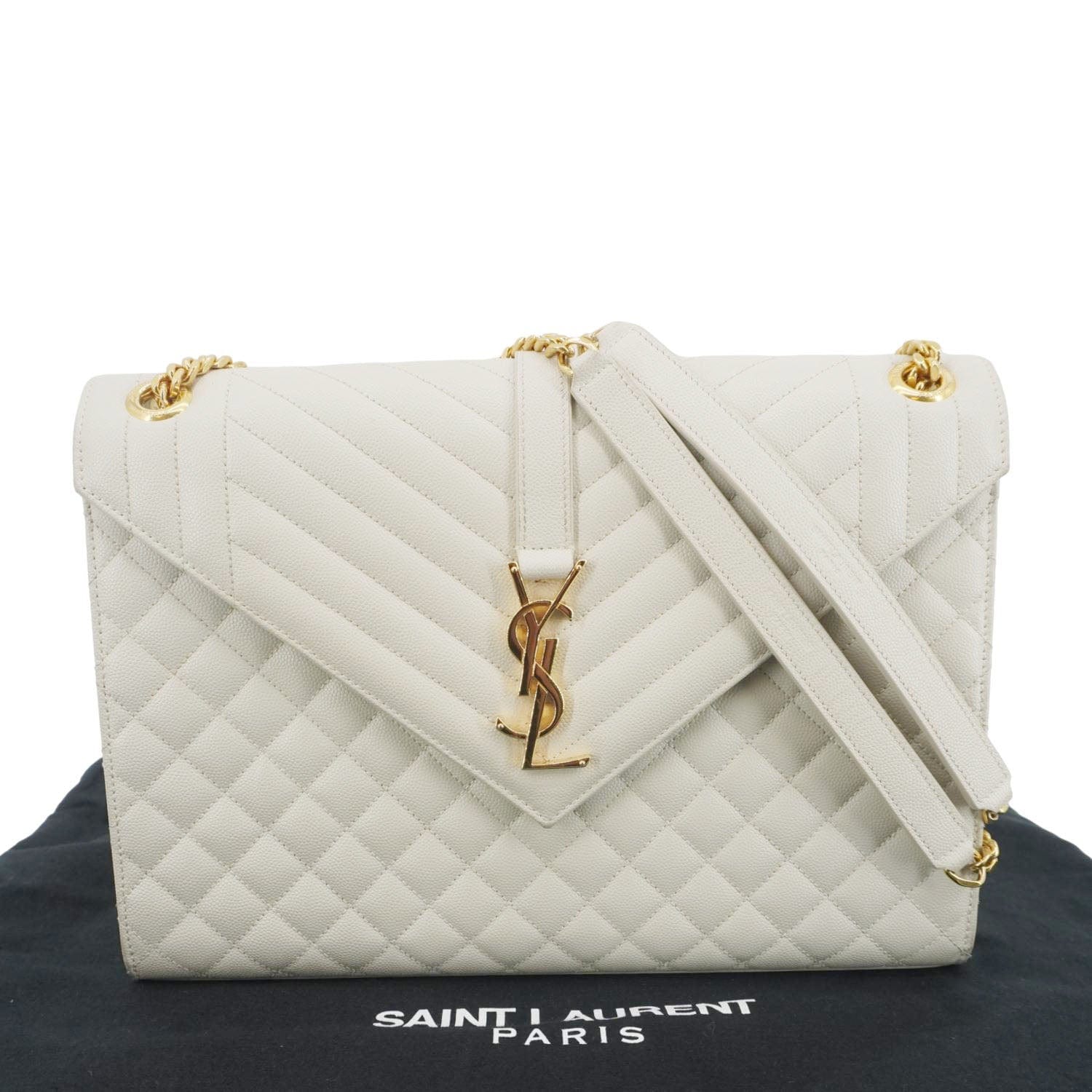YSL Saint Laurent Yves Envelope Mixed Shoulder Bag Leather Matelasse White
