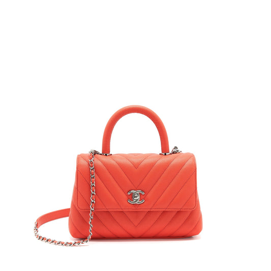 Chanel Coco Handle 24cm Chevron Coral Ruthenium Red Small Handbag