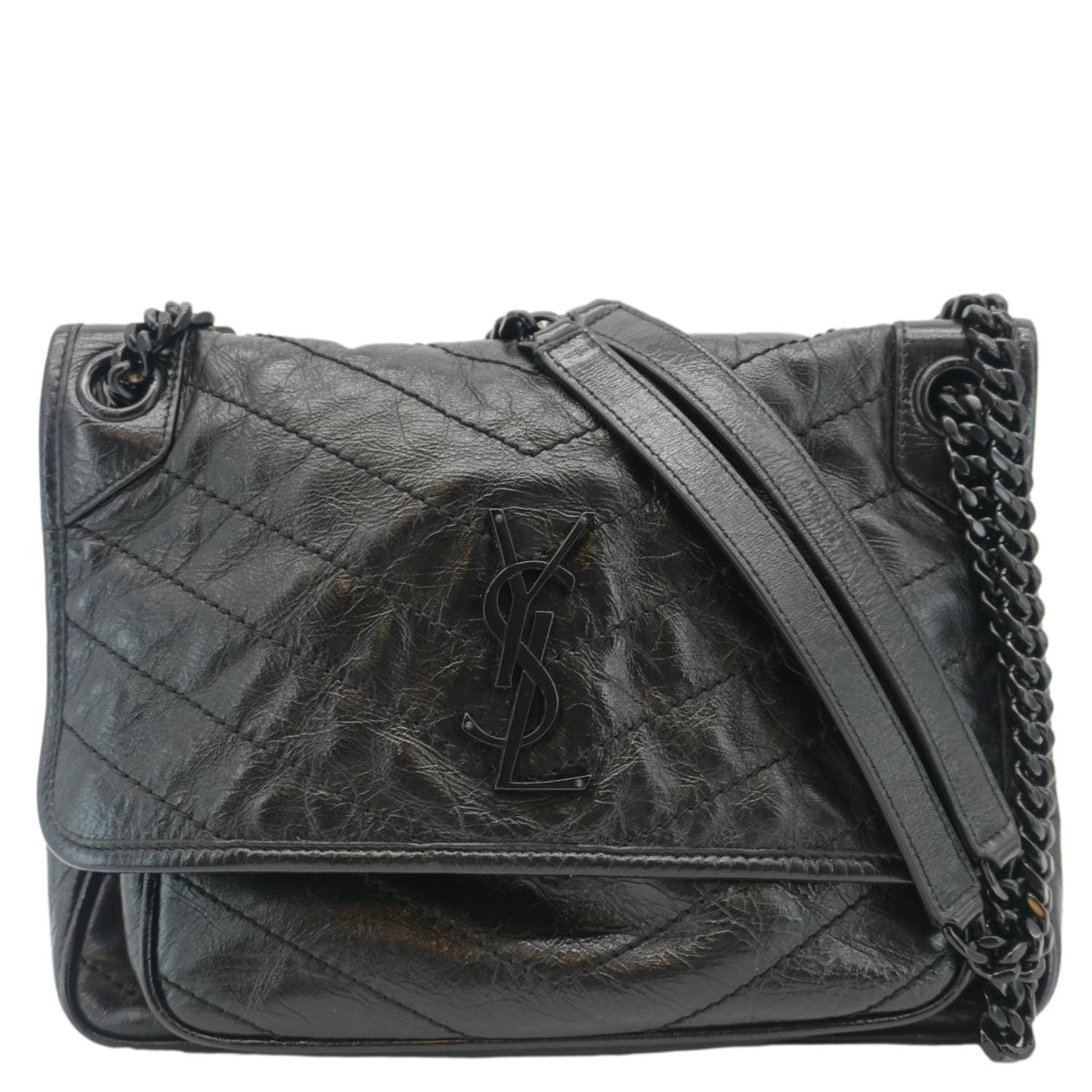 YSL Saint Laurent Yves Niki Crinkle Shoulder Bag Leather Black Baby