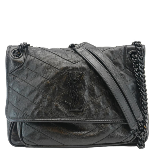 YSL Saint Laurent Yves Niki Crinkle Shoulder Bag Leather Black Baby