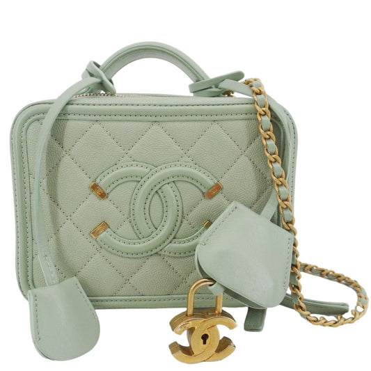 Chanel Vanity Case Filigree CC Small Caviar Quilted Shoulder Bag Light Green