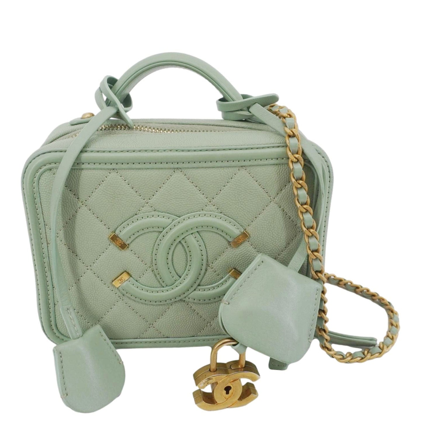 Chanel Vanity Filigree CC Caviar Quilted Green Travel Bag
