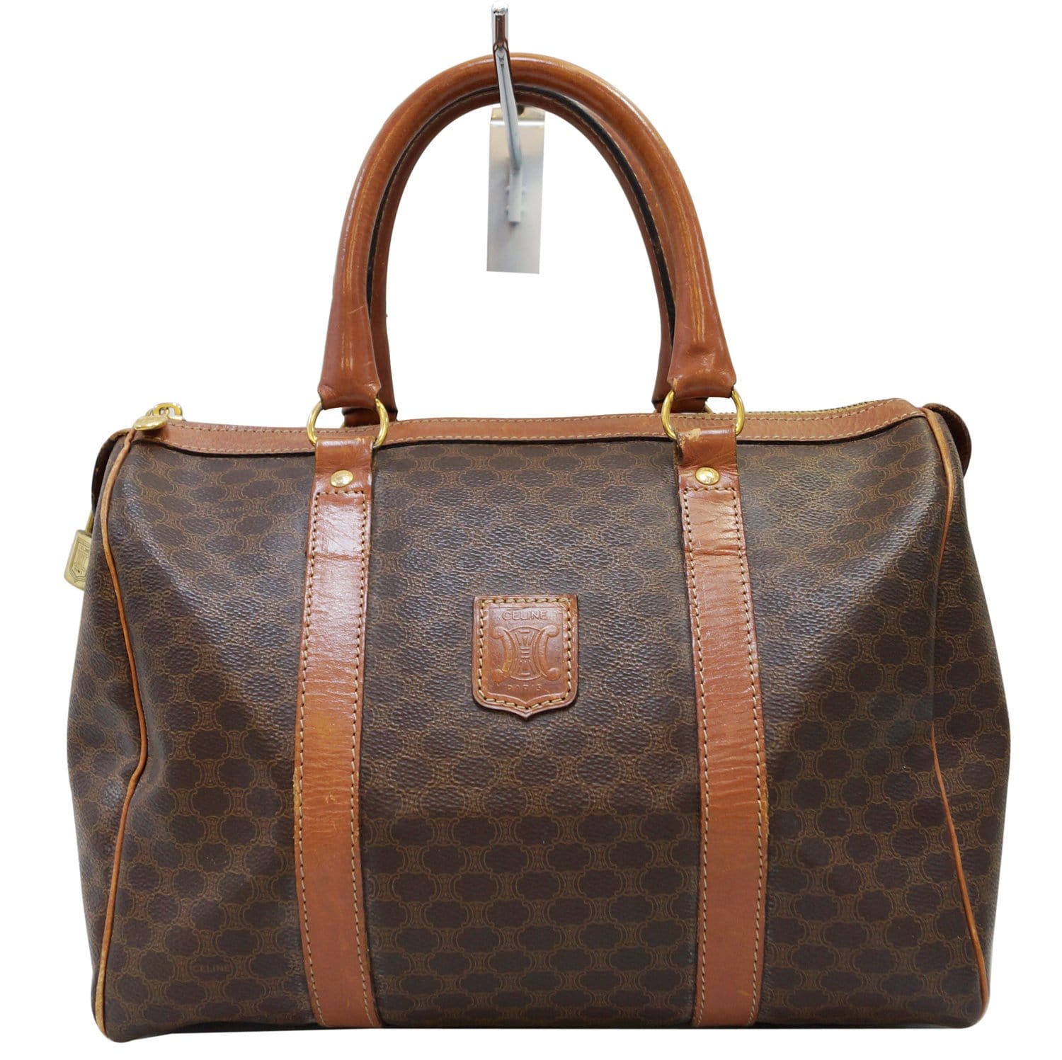 Celine Macadam Pattern Pvc Satchel Bag Leather Brown Travel Bag
