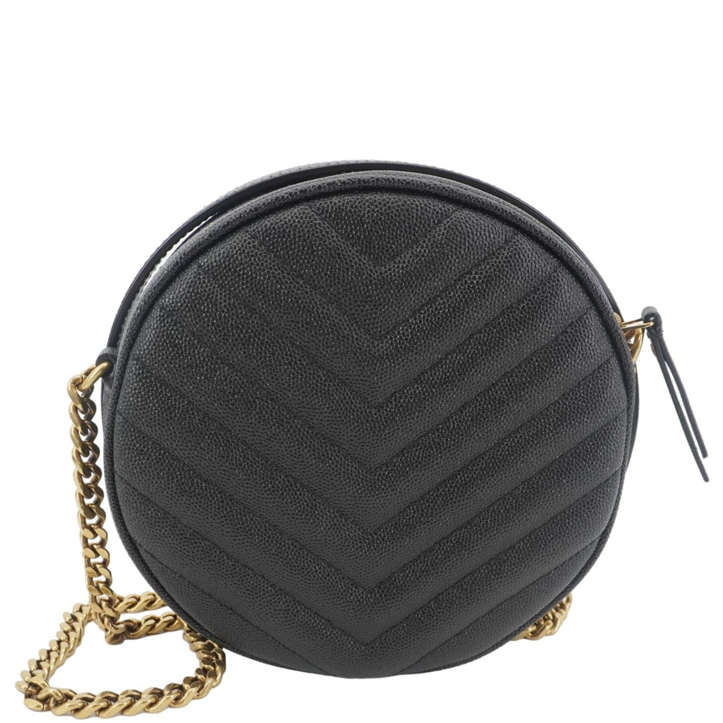 YSL Saint Laurent Yves Round Chevron Camera Crossbody Bag Leather Black