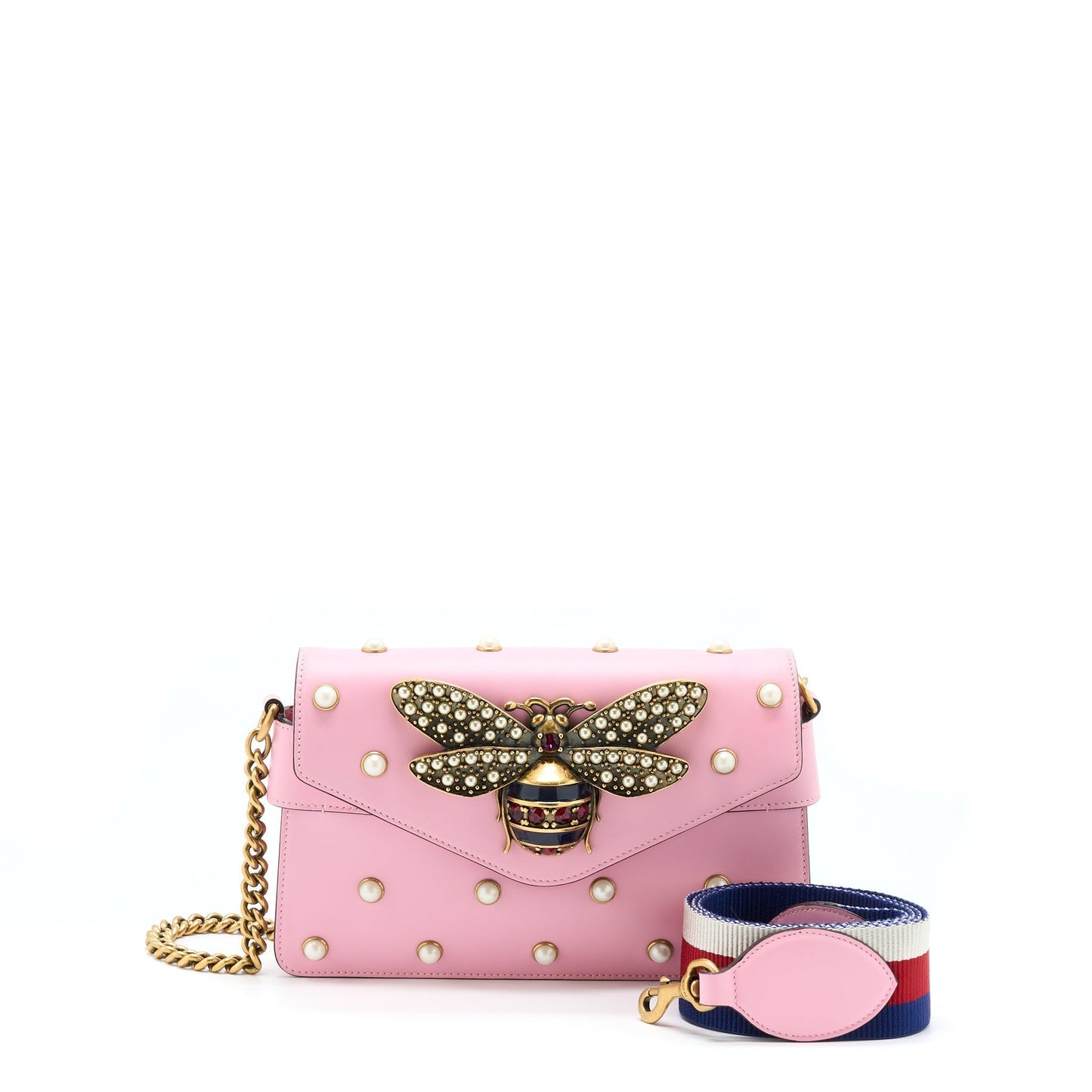Gucci Pearl Studded Broadway Bee Shoulder Bag Pink Mini