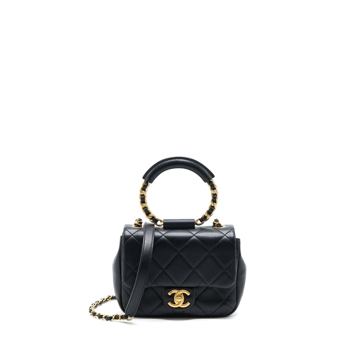 Chanel Circular Handle Quilted Flap Lambskin Brushed Black Shoulder Bag