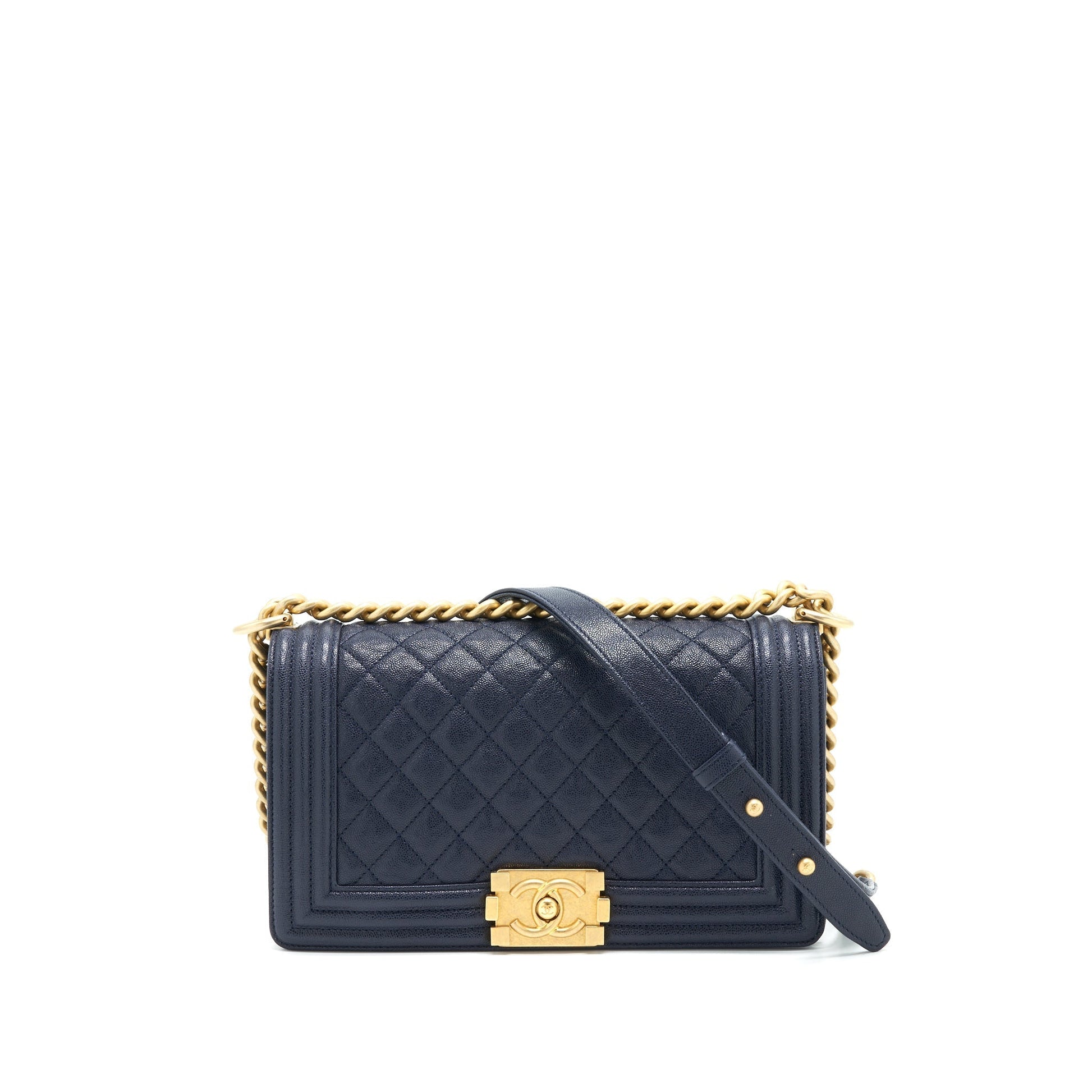 Chanel Boy Grained Navy Calfskin Brushed GHW Handbag