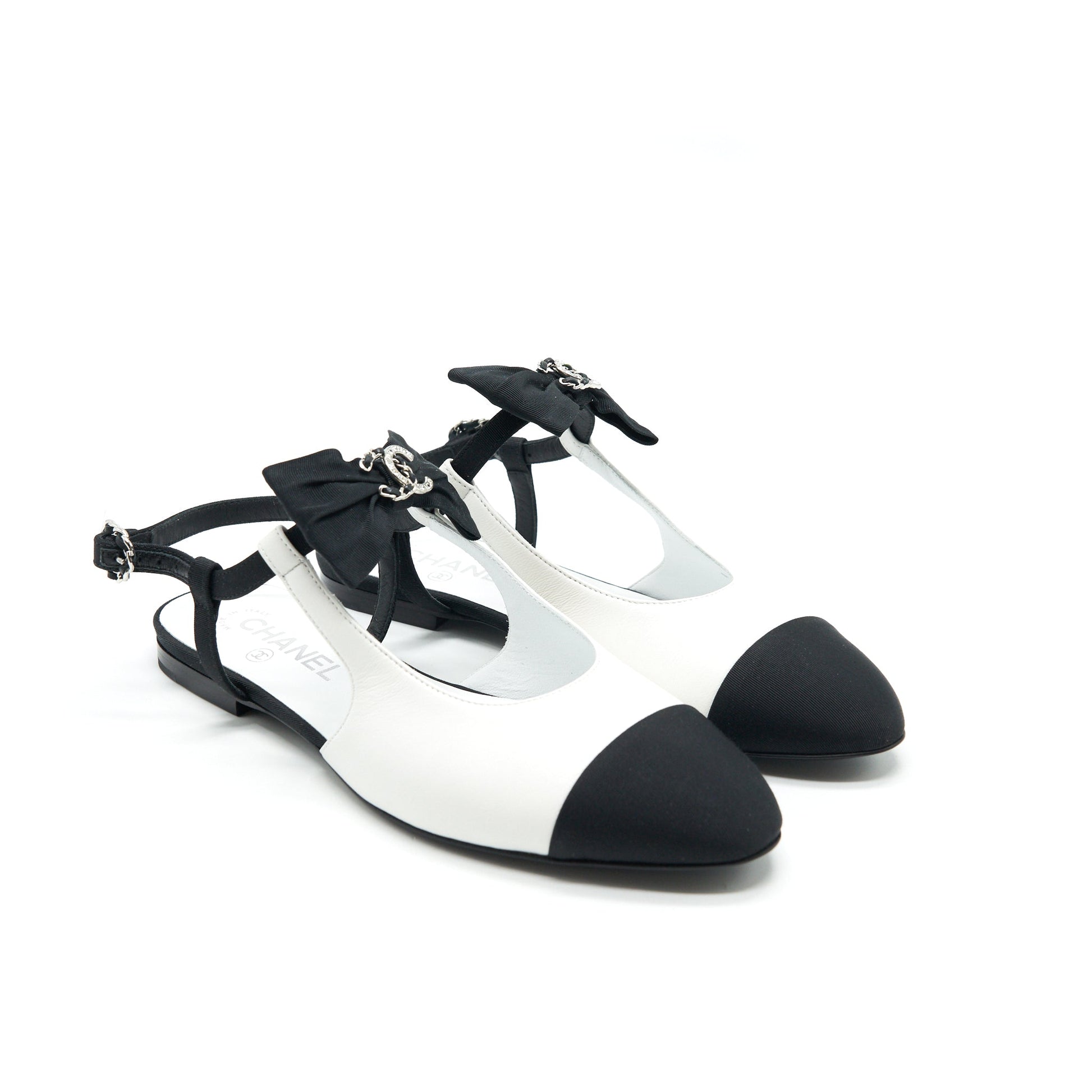 Chanel Slingback Flats Ribbons Black White Shoes