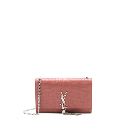 YSL Saint Laurent Saint Laurent Kate Crocodile Embossed Calfskin Travel Pink Medium Travel Bag