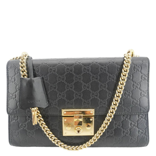 Gucci Padlock Chain Shoulder Bag Leather Black