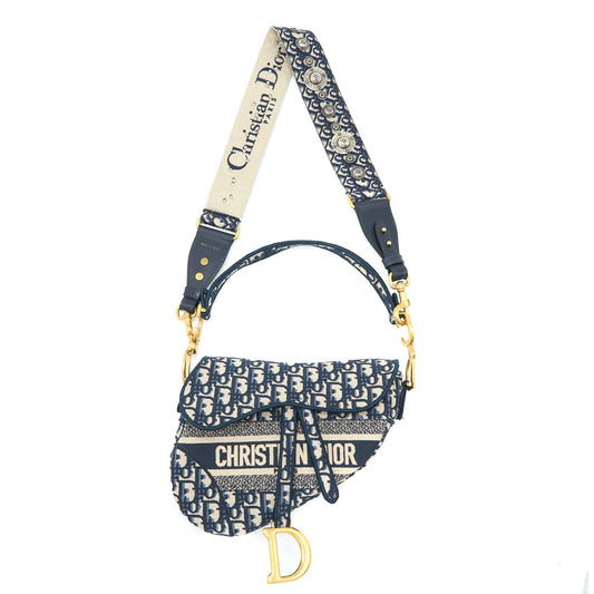 Dior Saddle Purse Oblique Embroidery Brushed With Strap Blue Travel Bag