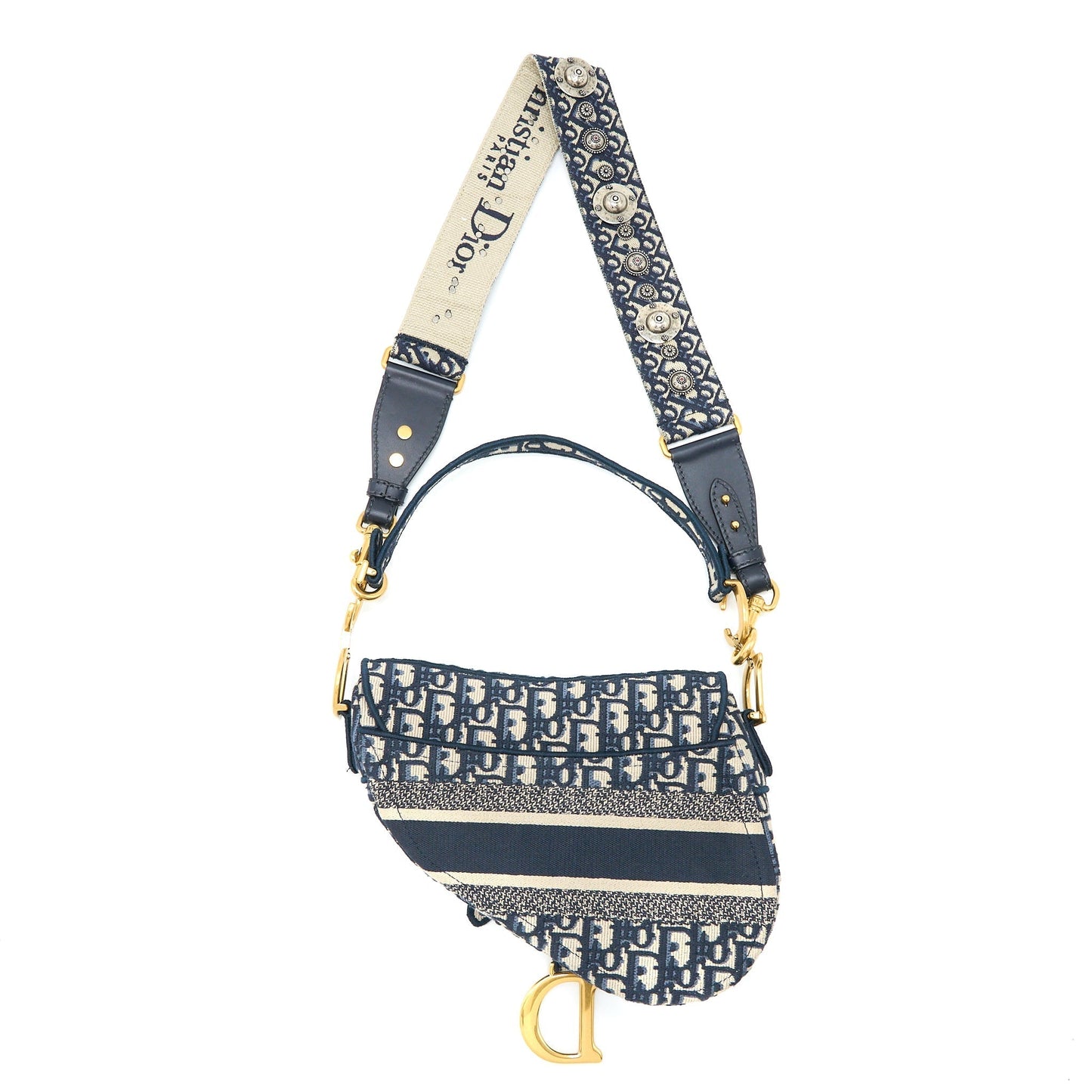 Dior Saddle Purse Oblique Embroidery Brushed With Strap Blue Travel Bag