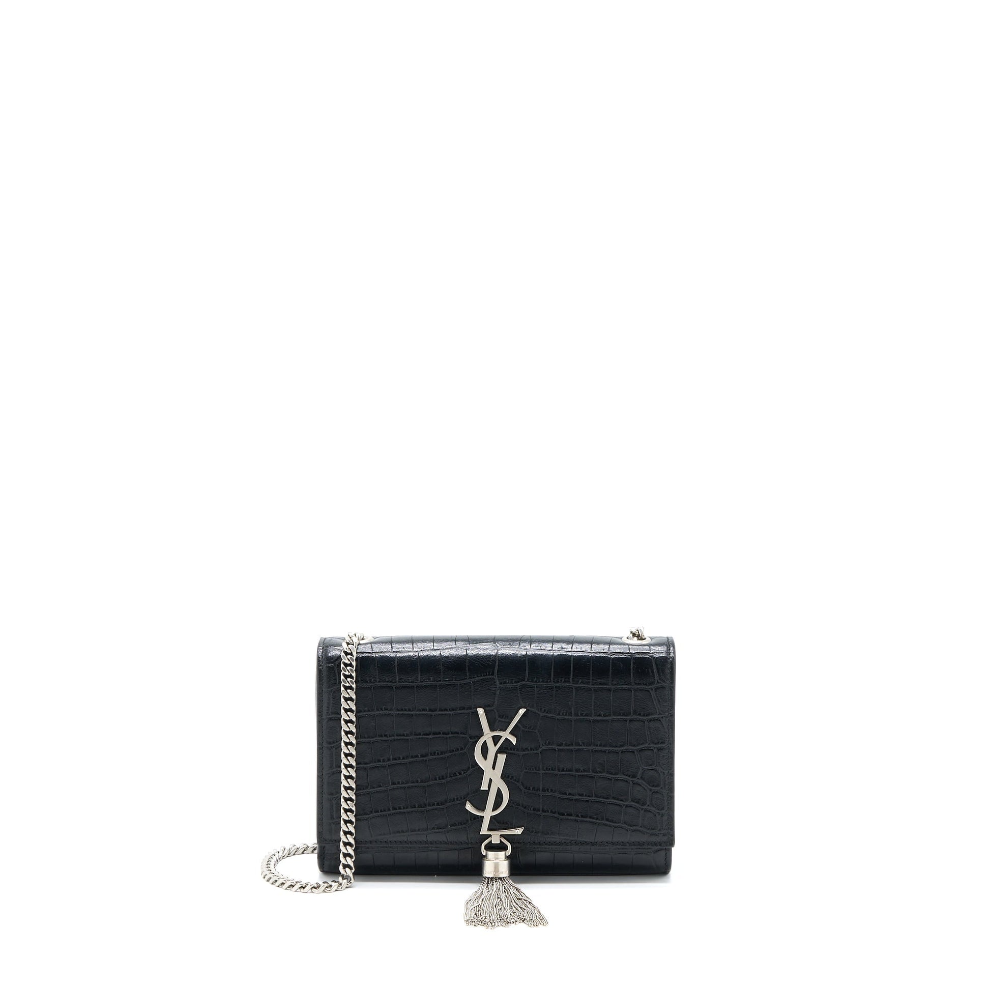 YSL Saint Laurent Saint Laurent Kate Tassel Crocodile Embossed Calfskin Black Travel Bag