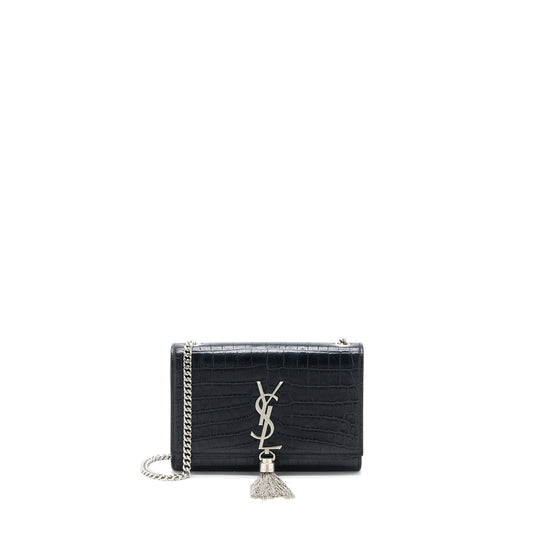 YSL Saint Laurent Saint Laurent Kate Tassel Crocodile Embossed Calfskin Black Travel Bag