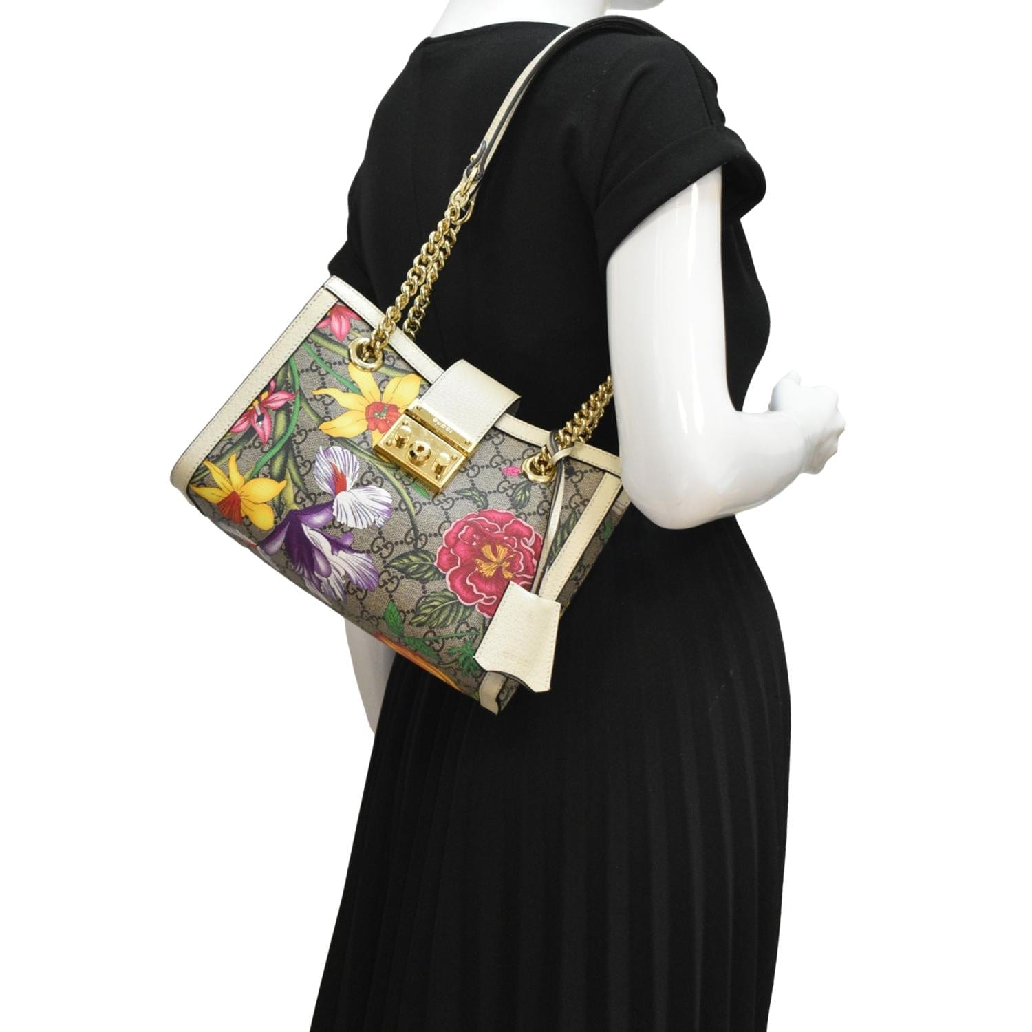 Gucci Padlock Flora Supreme Shoulder Bag Canvas Beige