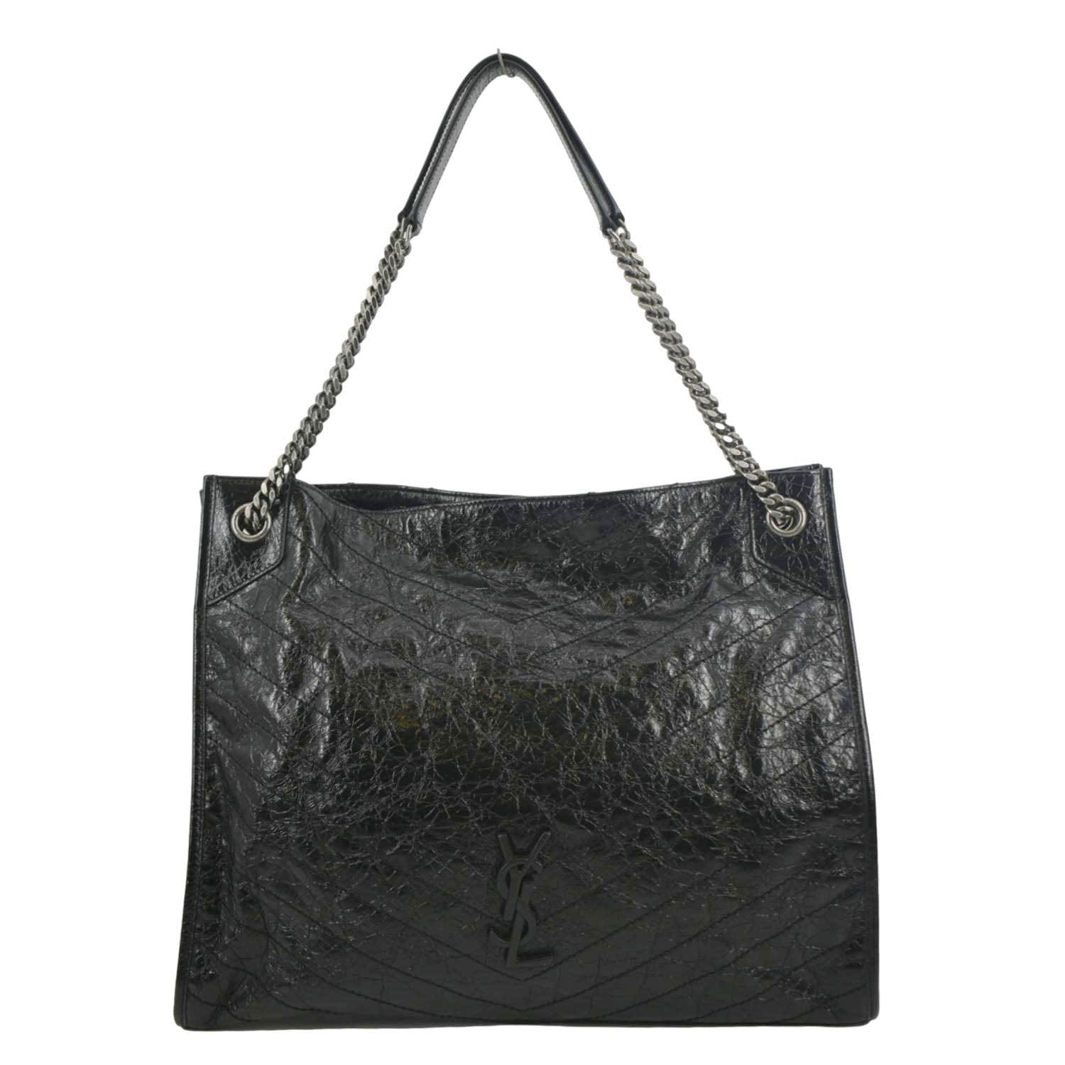 YSL Saint Laurent Saint Niki Crinkle Shopper Tote Bag Leather Black