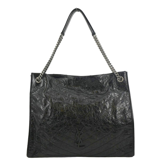 YSL Saint Laurent Saint Niki Crinkle Shopper Tote Bag Leather Black