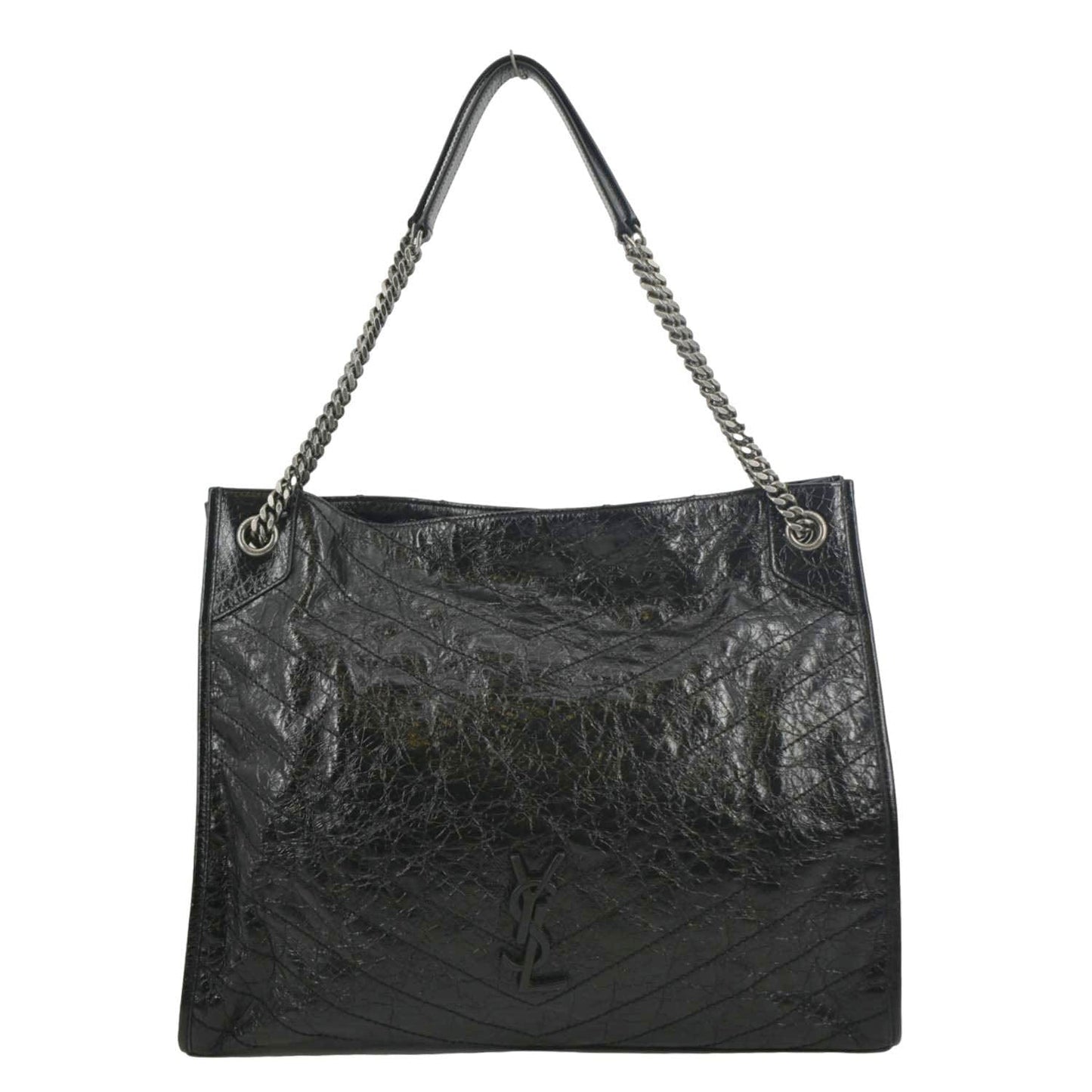 YSL Saint Laurent Yves Niki Crinkle Shopper Tote Bag Leather Black Large