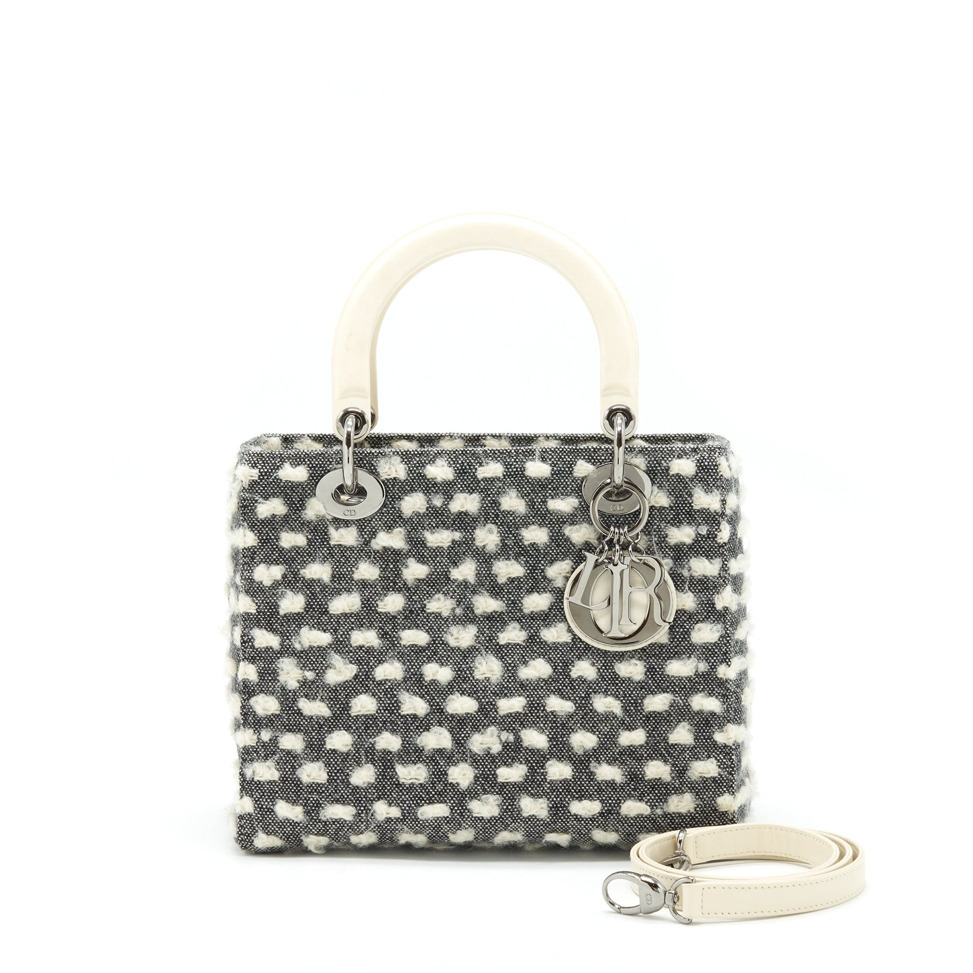 Dior Lady Cotton Design Grey Handbag White Medium Travel Bag