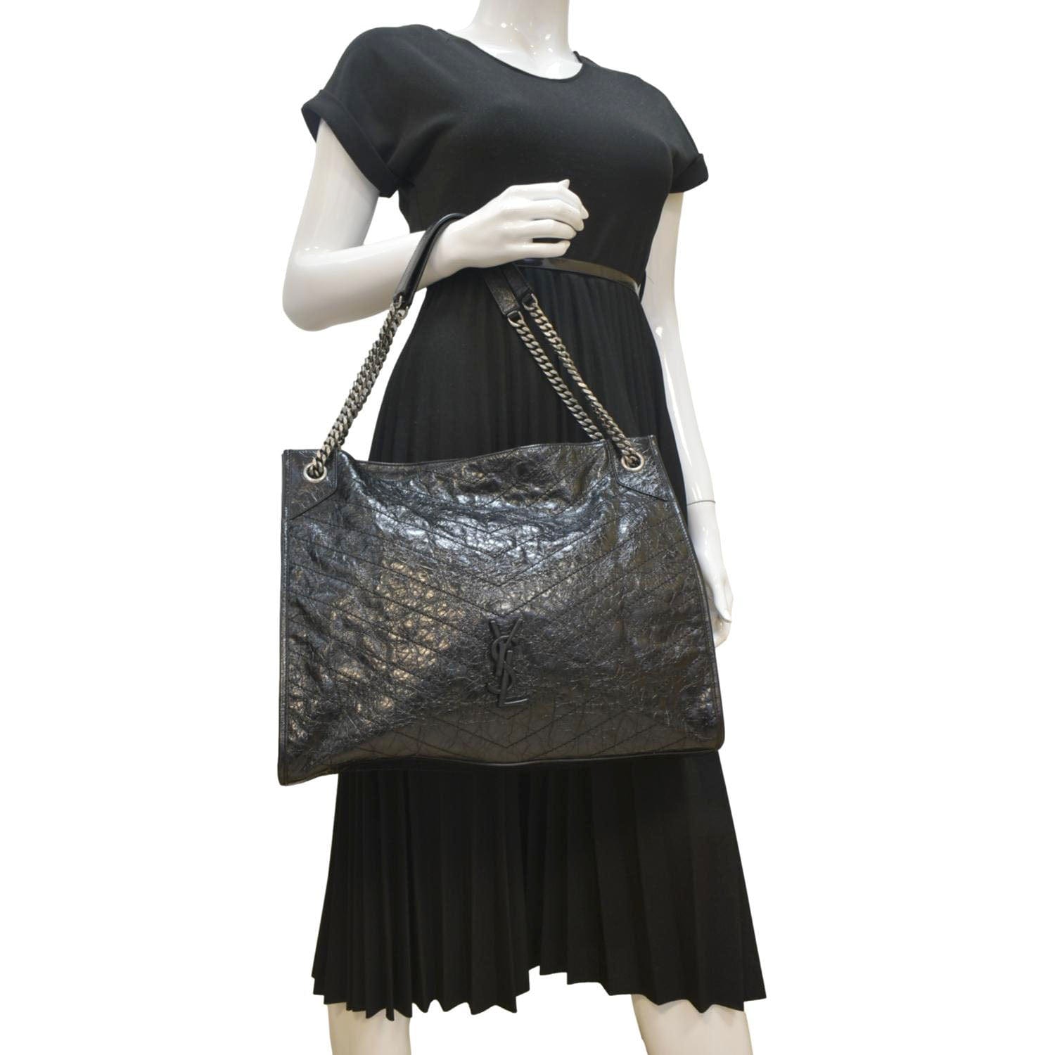 YSL Saint Laurent Yves Niki Crinkle Shopper Tote Bag Leather Black Large