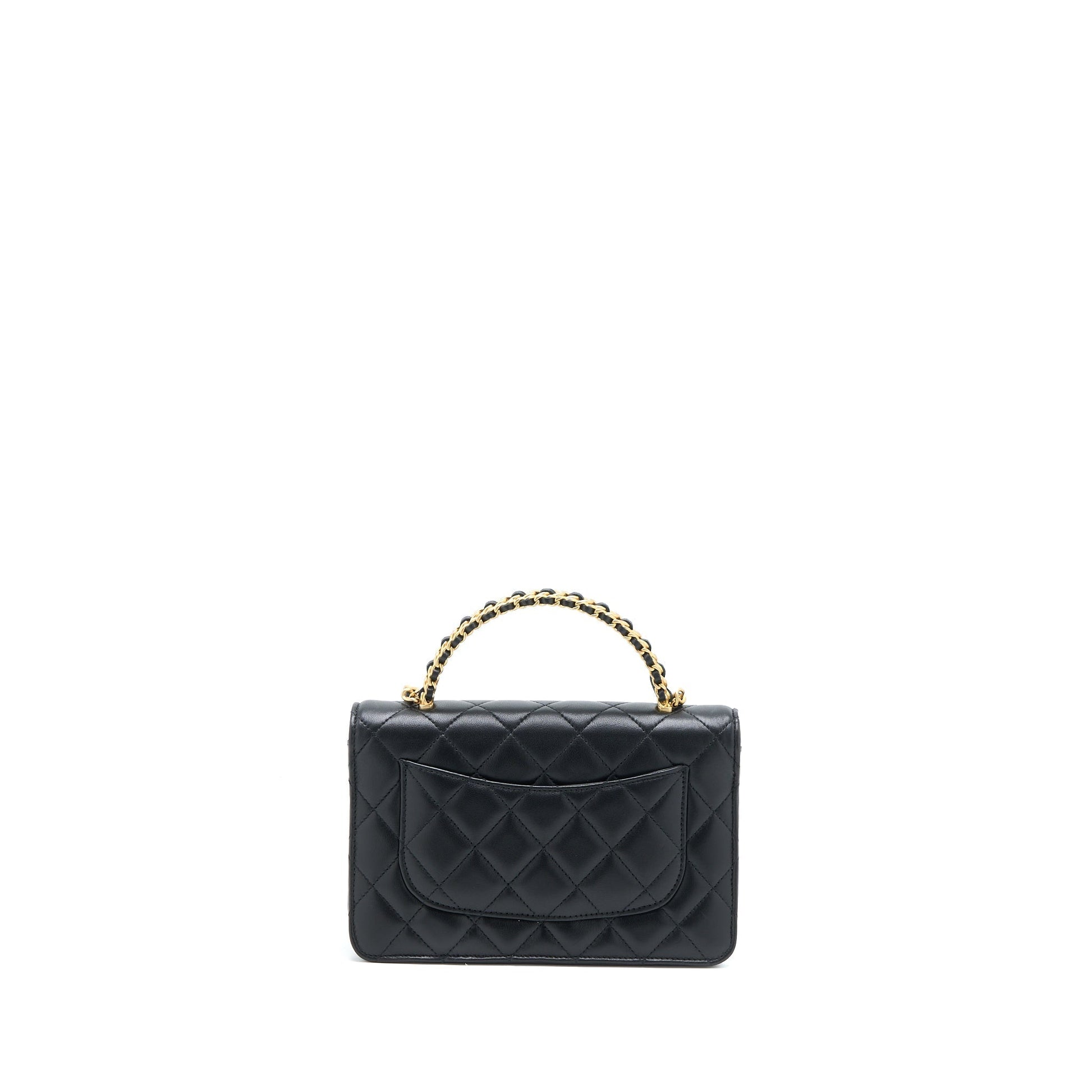 Chanel Detailed Top Handle on Lambskin GHW Black Wallet Case