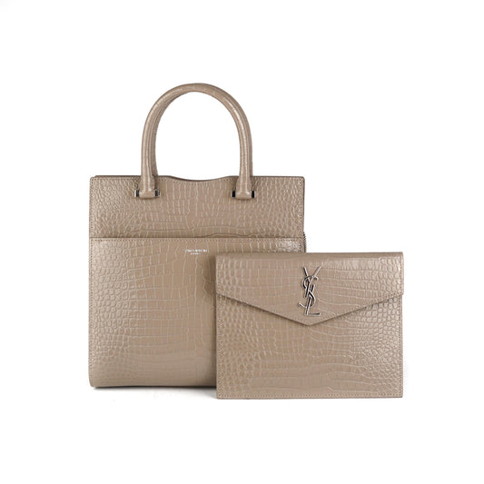 YSL Saint Laurent Uptown Croc Tote Taupe Leather Small Tote Bag