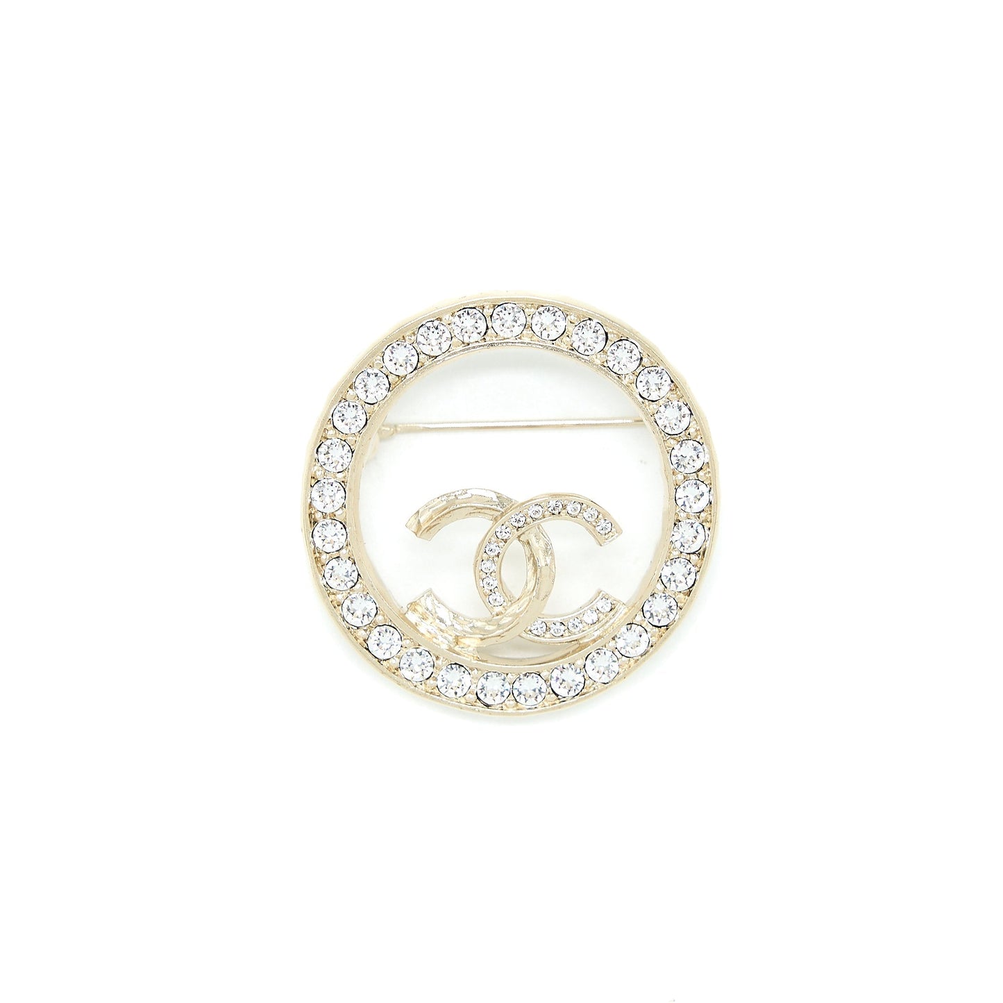 Chanel Round CC Logo Brooch Crystal Light Gold Handbag