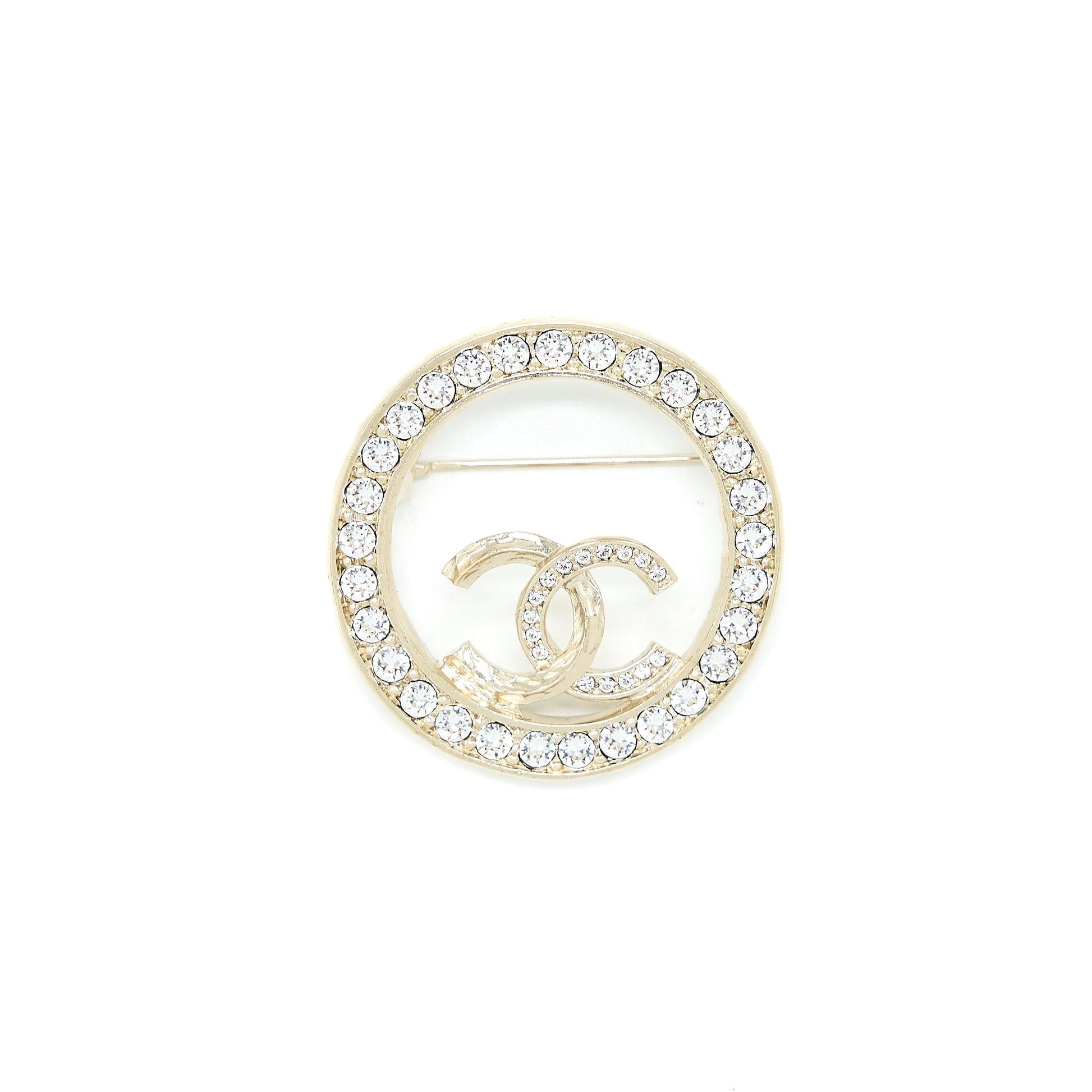 Chanel Round CC Logo Brooch Crystal Light Gold Handbag