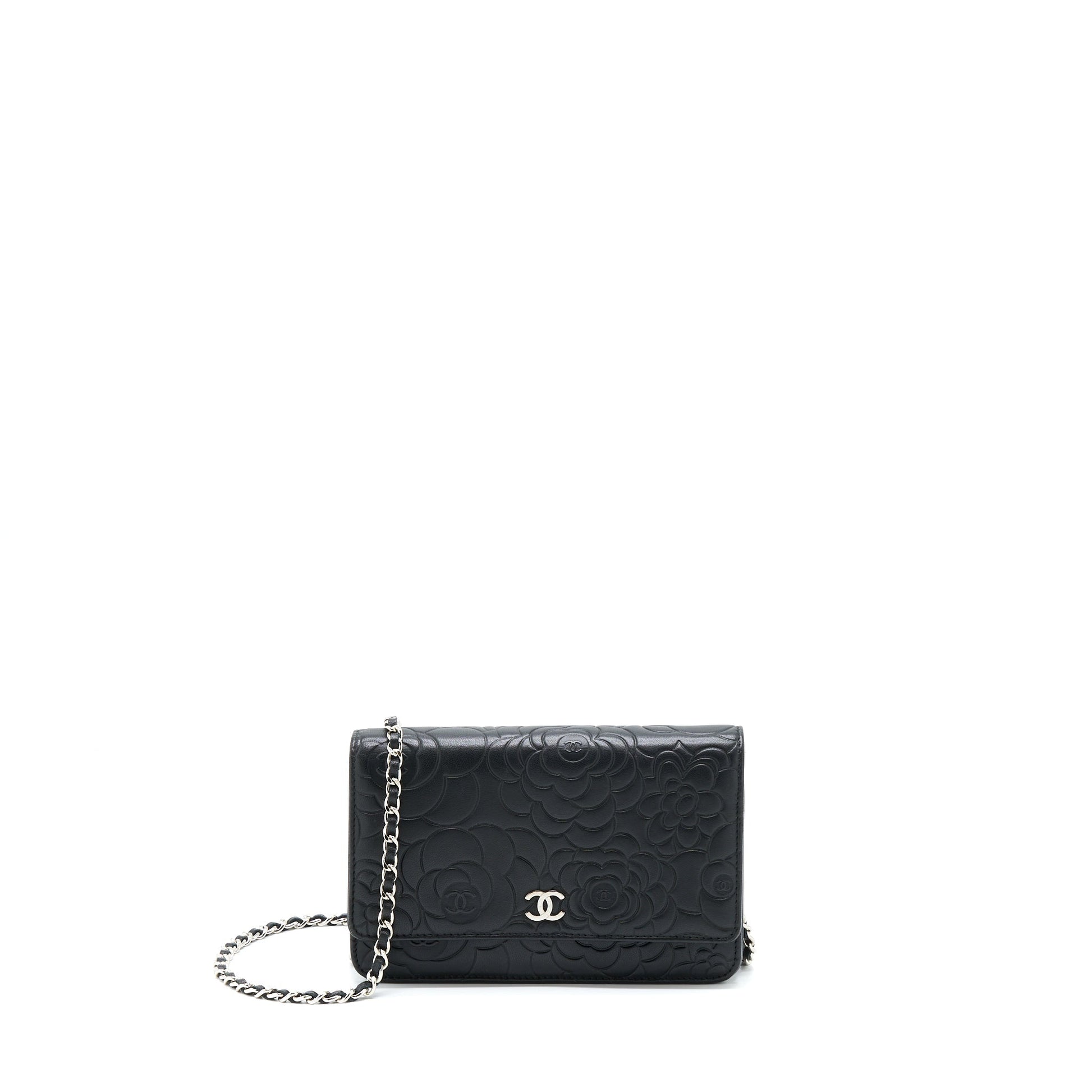 Chanel Camellia On Lambskin SHW Black Wallet Case