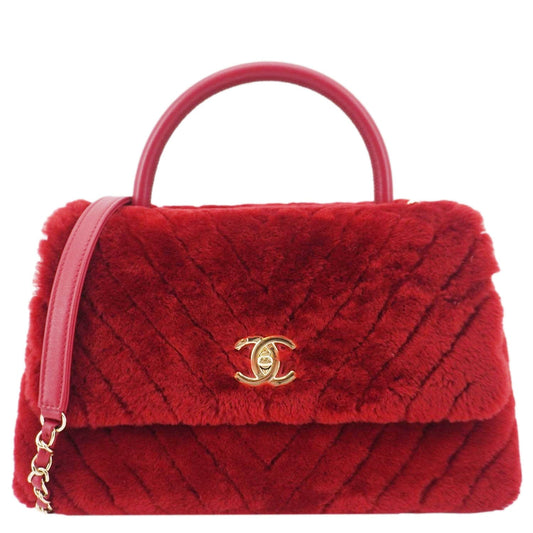 Chanel Coco Handle Flap Shearling Chevron Red Travel Bag