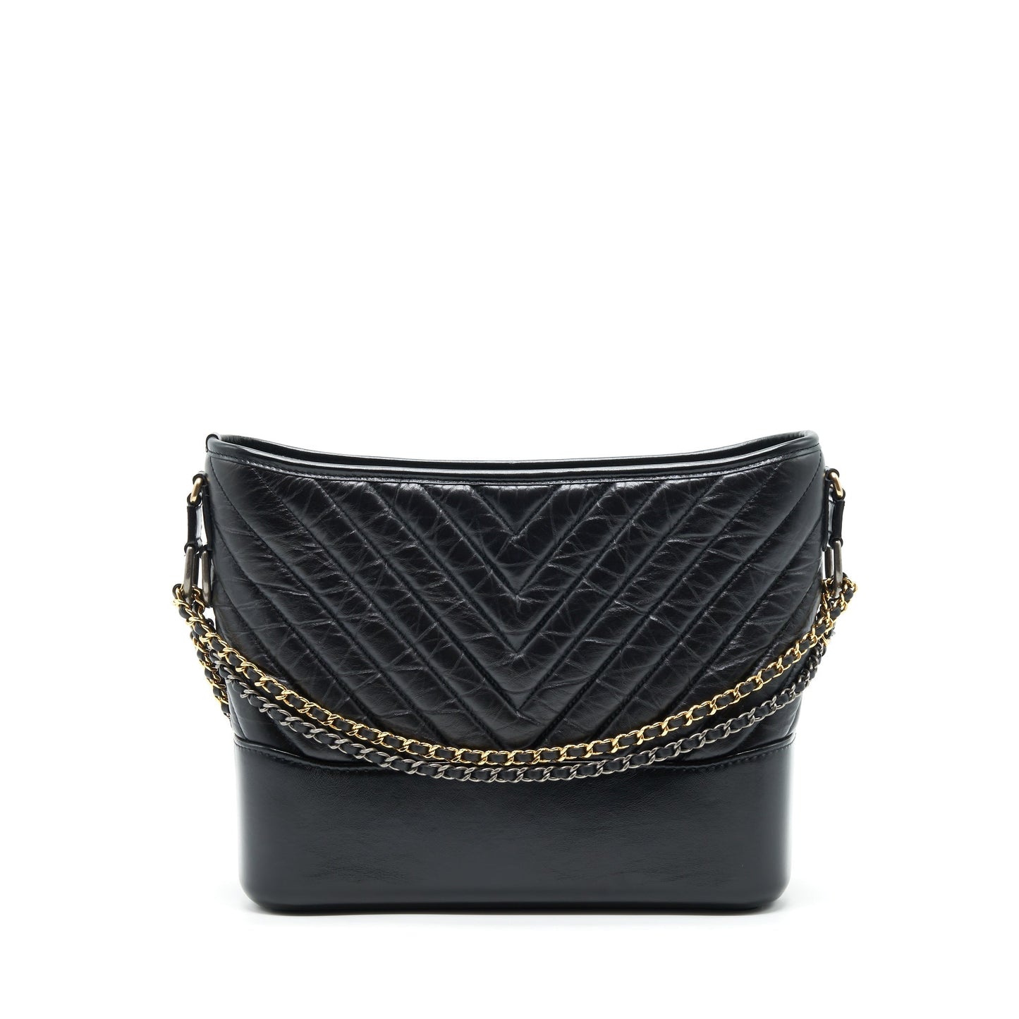 Chanel Gabrielle Hobo Chevron Calfskin Sliver Hardware Black Gold Shoulder Bag