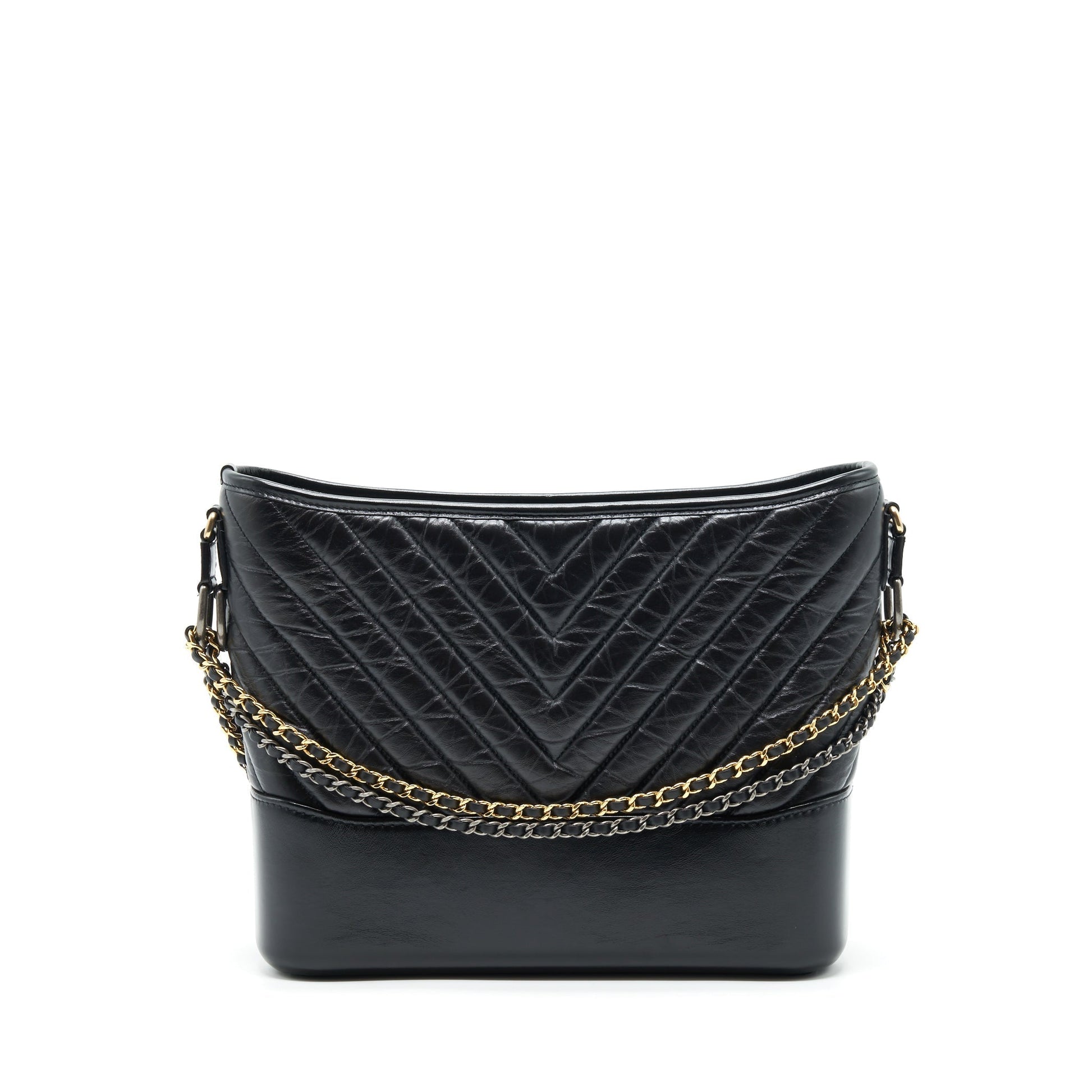 Chanel Gabrielle Hobo Chevron Calfskin Sliver Hardware Black Gold Shoulder Bag