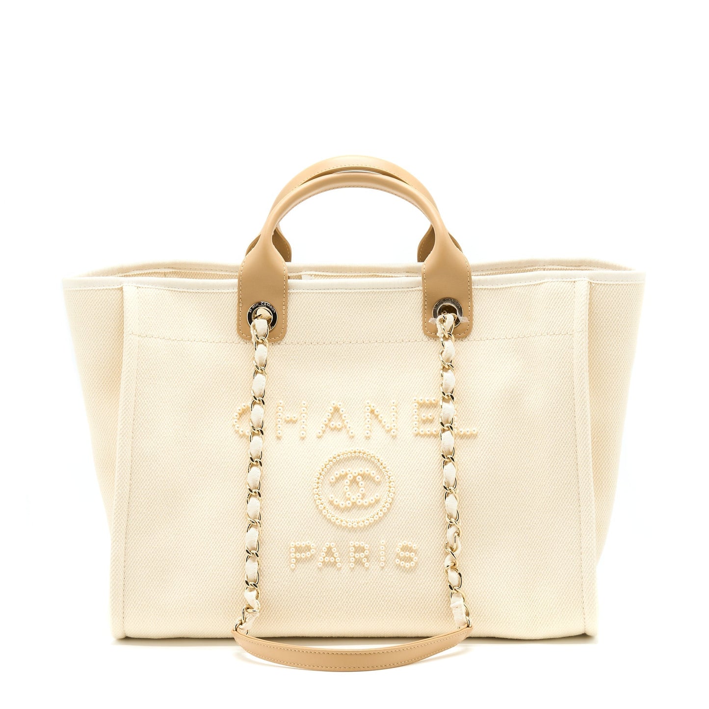 Chanel Deauville Pearl GHW Canvas Tote Bag