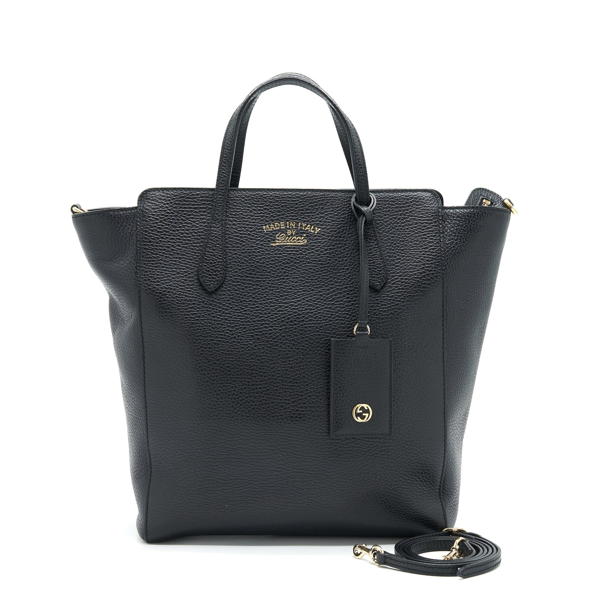 Gucci Grained Calfskin Tote Bag With Long Strap Black