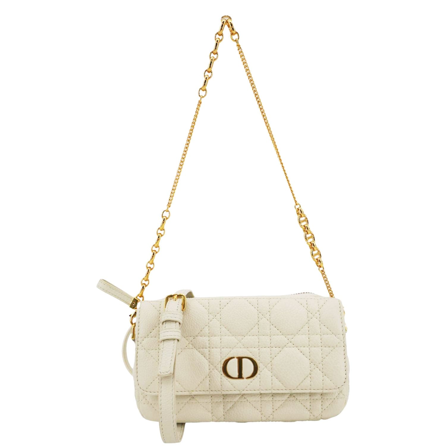 Dior Caro Supple Cannage Calfskin Shoulder Bag Ivory Leather Chain