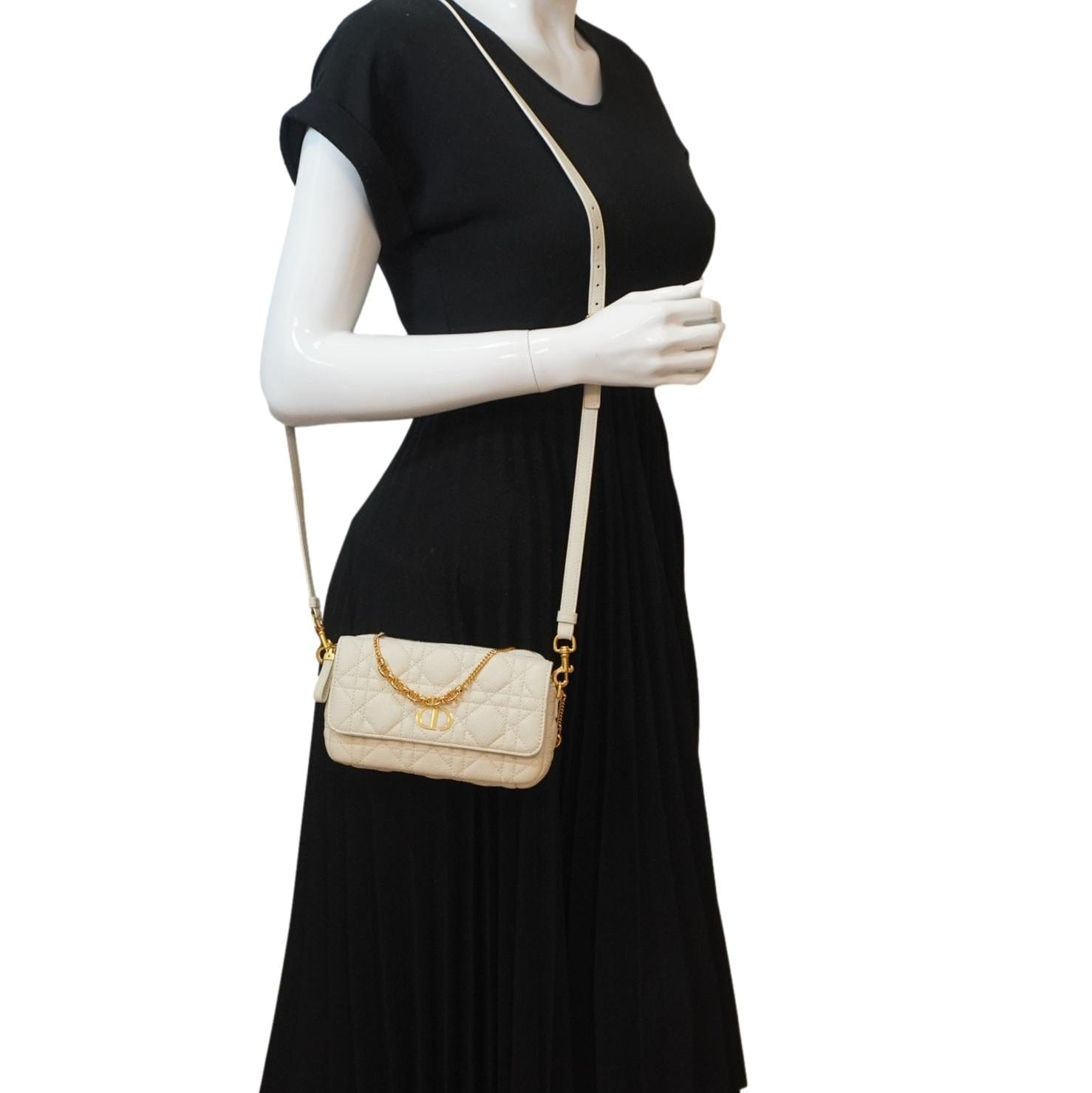 Dior Caro Supple Cannage Calfskin Shoulder Bag Ivory Leather Chain