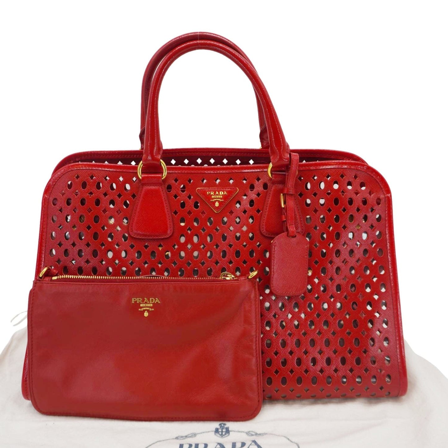 Prada Perforated Tote Bag Leather Saffiano Red