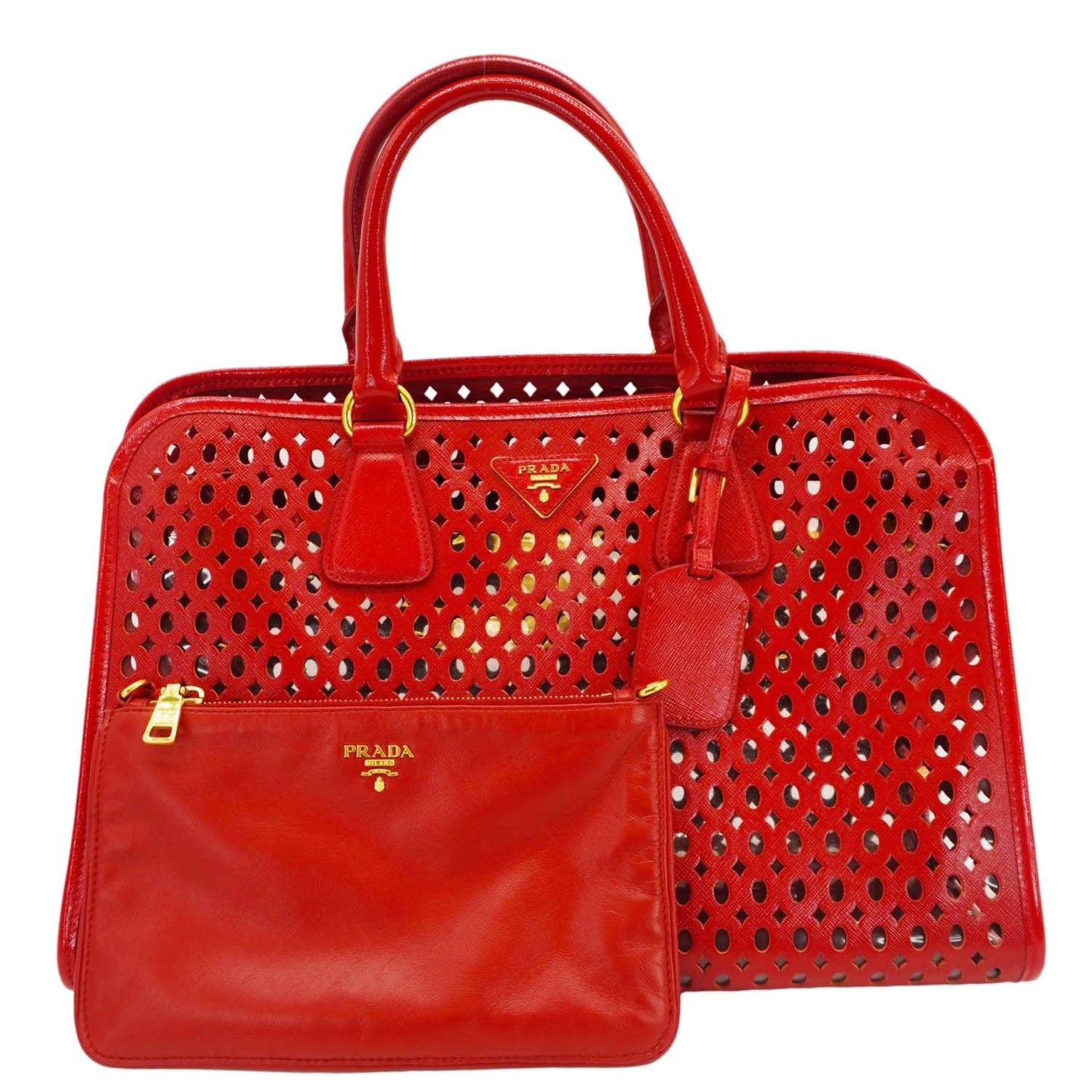 Prada Perforated Tote Bag Leather Saffiano Red