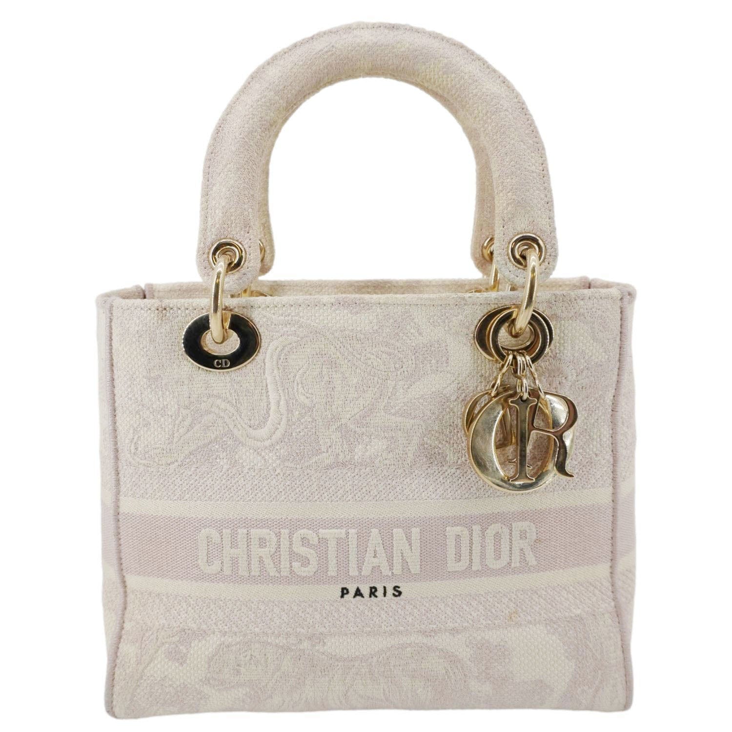 Dior Lady D Lite Embroidered Shoulder Bag Canvas Beige