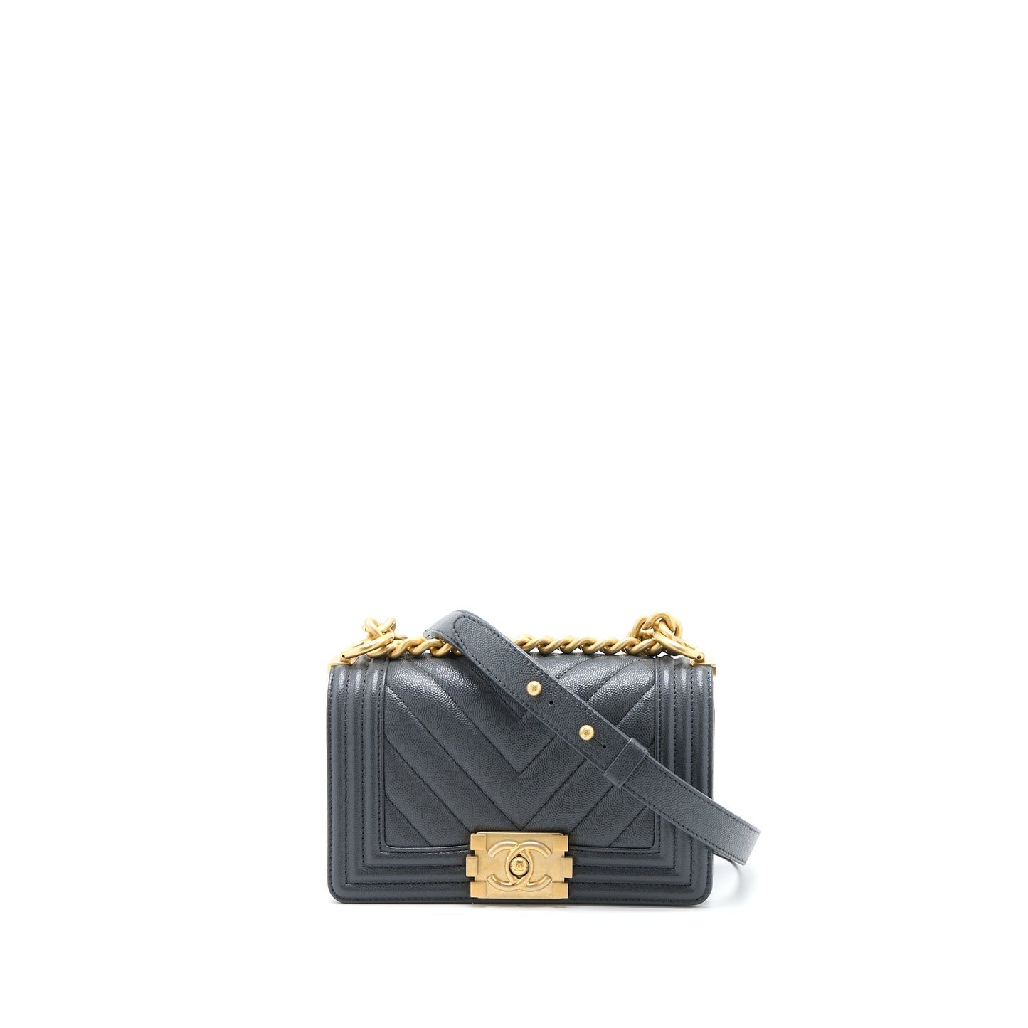 Chanel Boy Chevron Caviar Dark Brushed GHW Grey Small Handbag