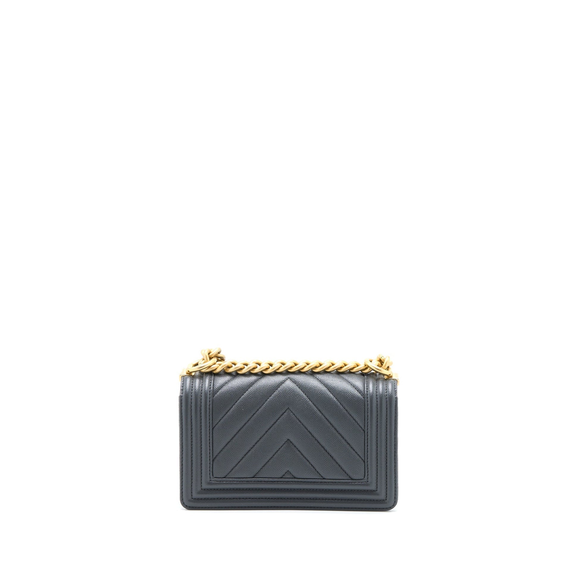 Chanel Boy Chevron Caviar Dark Brushed GHW Grey Small Handbag