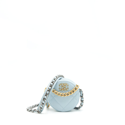 Chanel 19 Round Lambskin Light Blue Clutch Bag