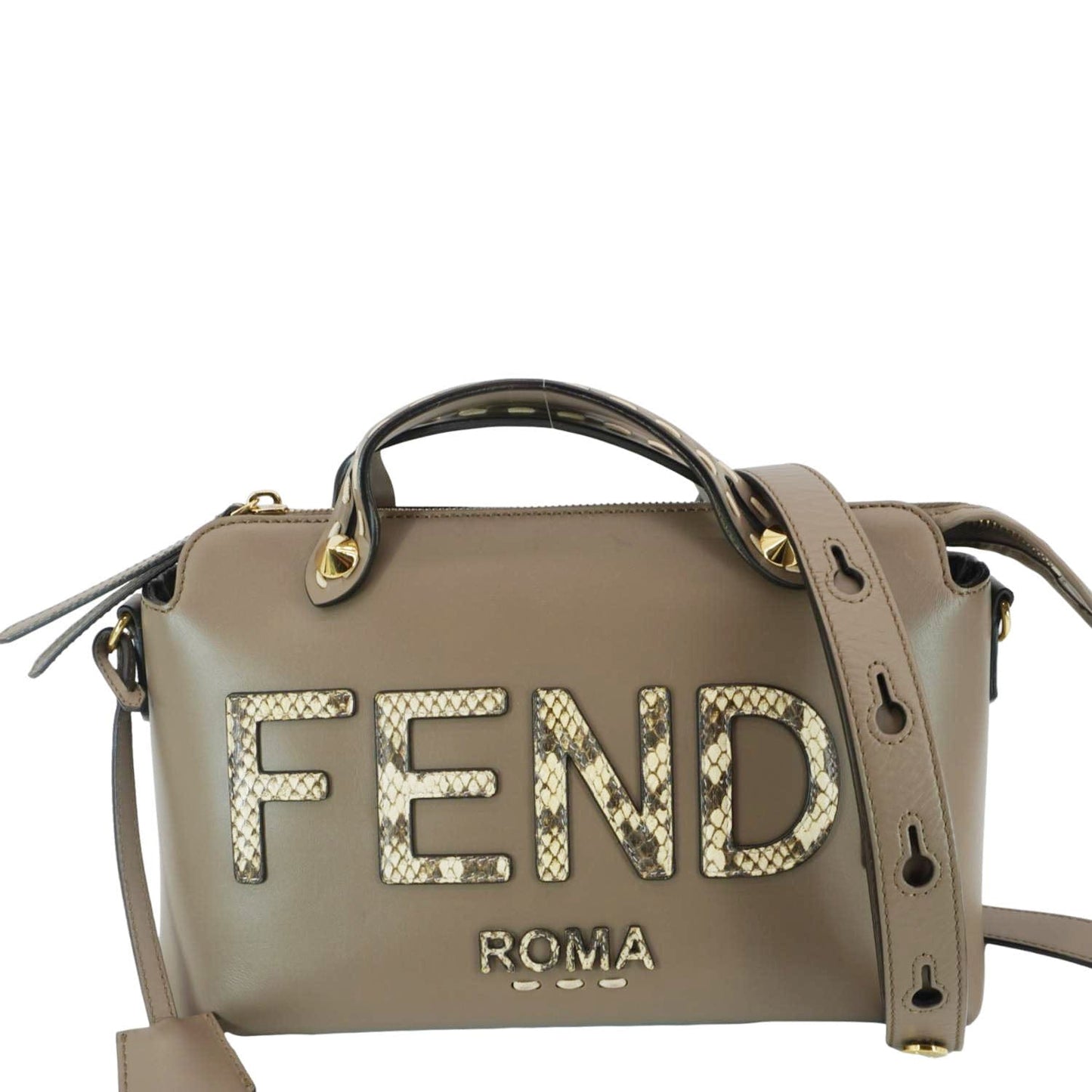 Fendi By The Way Print Boston Bag Leather Python Beige Travel Bag