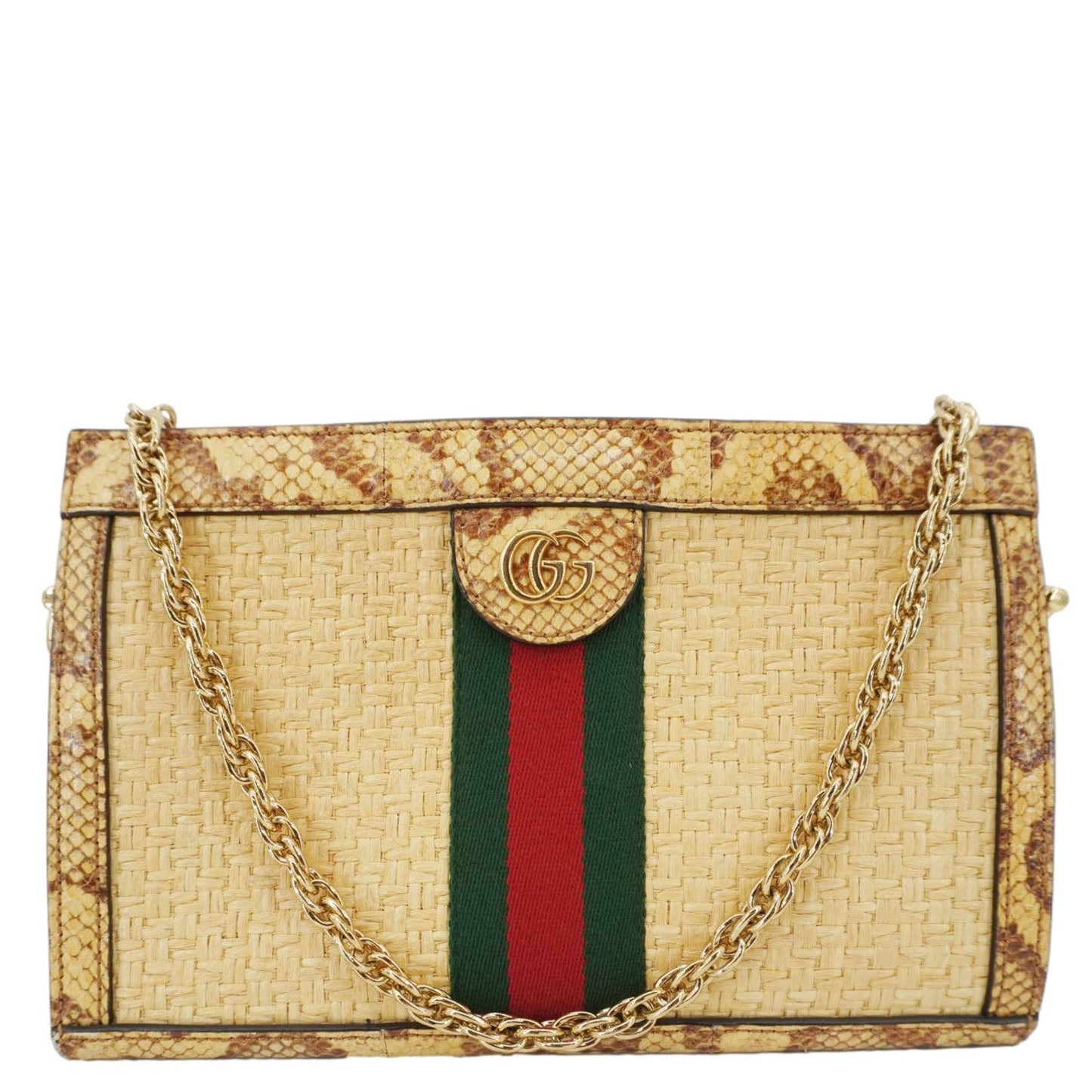 Gucci Ophidia Elaphe Chain Shoulder Bag Raffia Beige