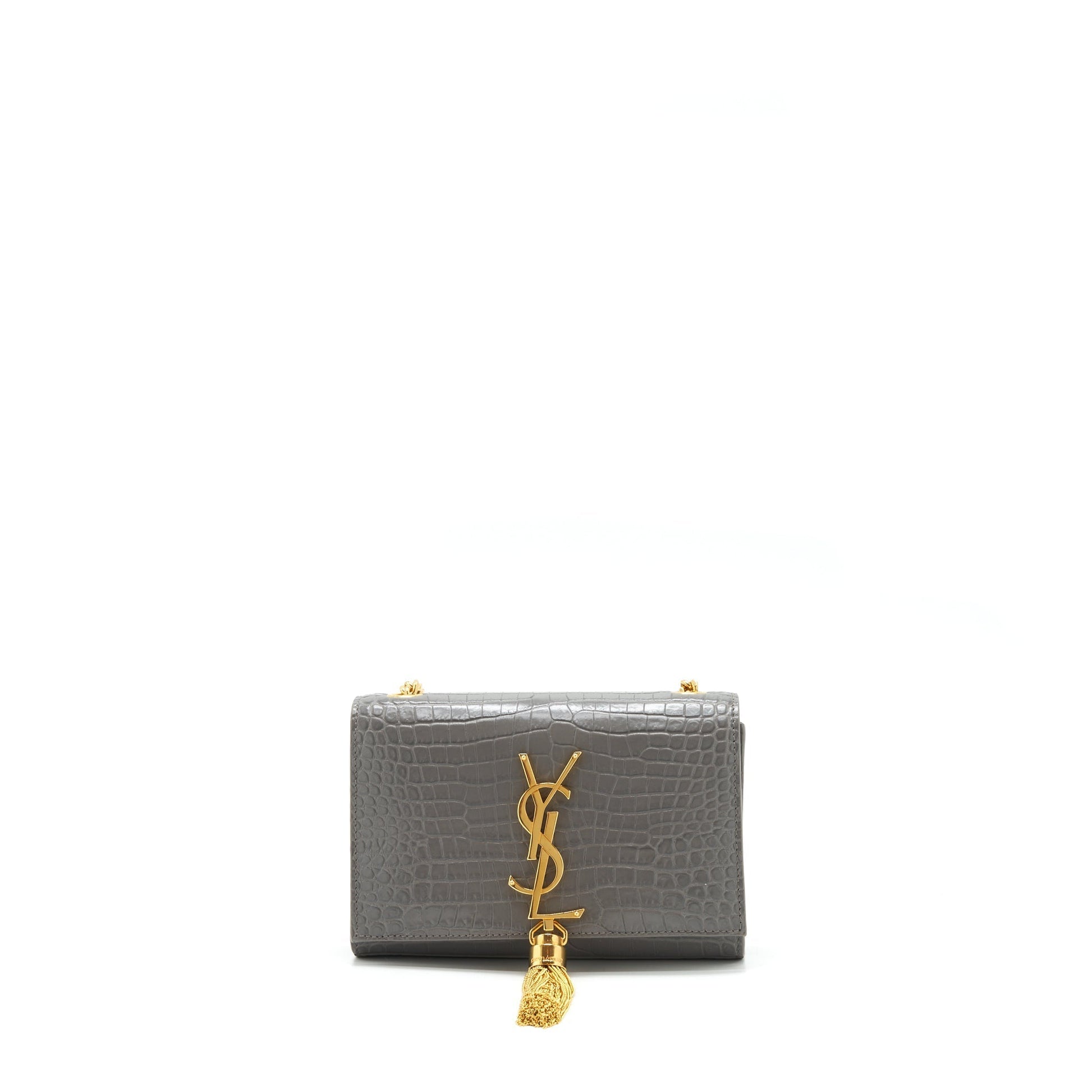 YSL Saint Laurent Kate Tassel Crocodile Embossed Calfskin Grey Travel Travel Bag