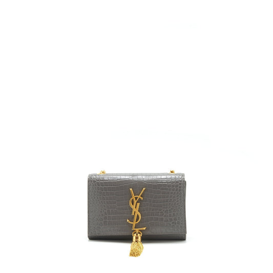 YSL Saint Laurent Kate Tassel Crocodile Embossed Calfskin Grey Travel Travel Bag