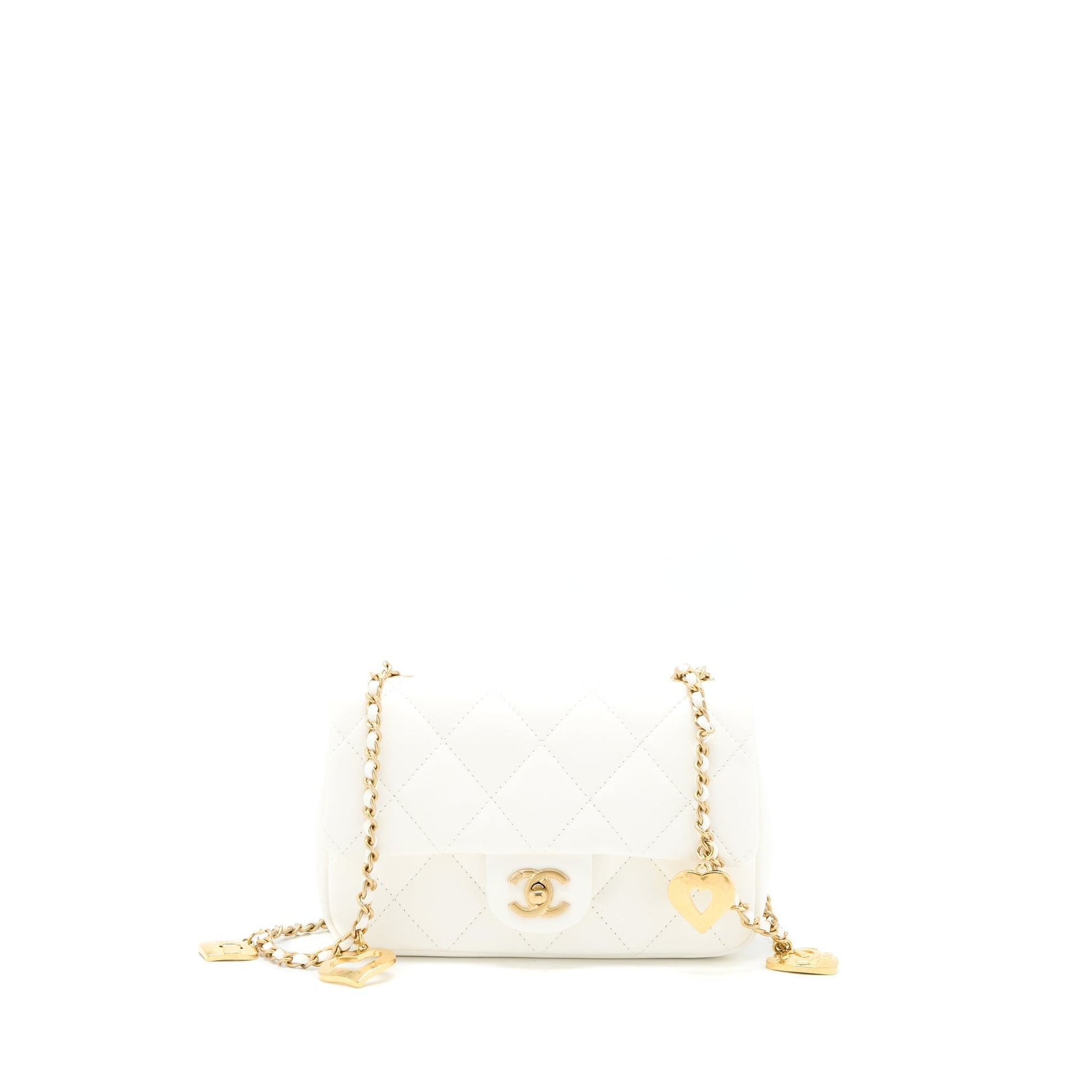 Chanel Quilted Flap Heart Charm Lambskin GHW White Key Chain