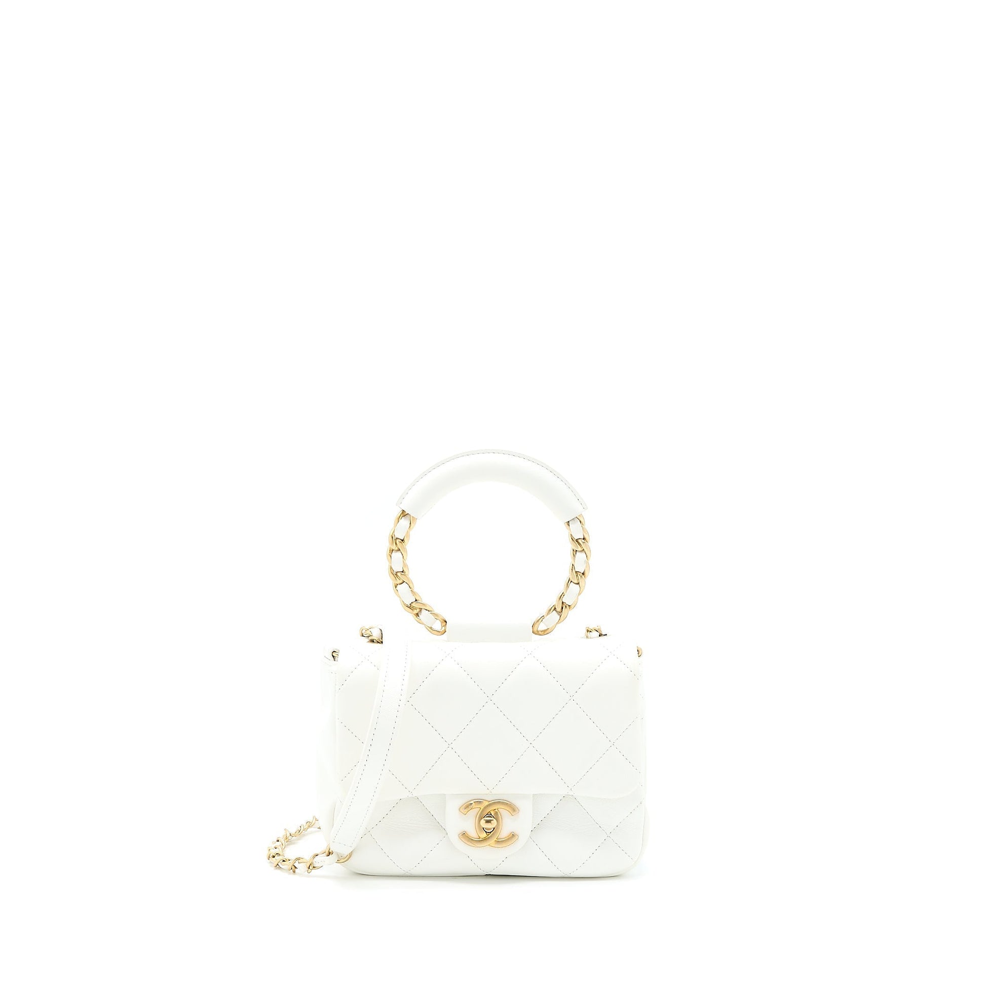 Chanel Circular Handle Quilted Flap Lambskin Brushed White Shoulder Bag