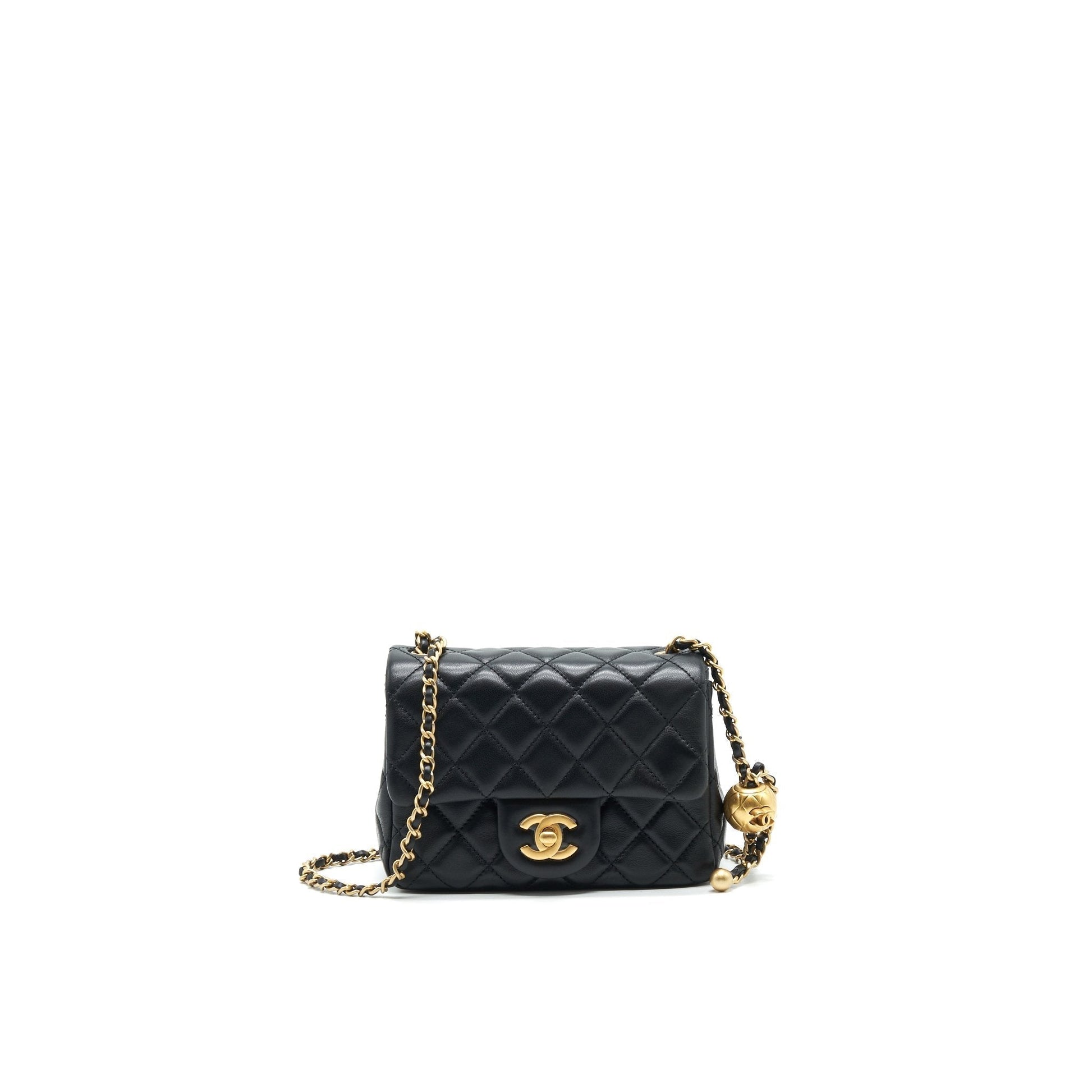 Chanel 21B Pearl Crush Square Flap GHW Black Shoulder Bag Black Ghw